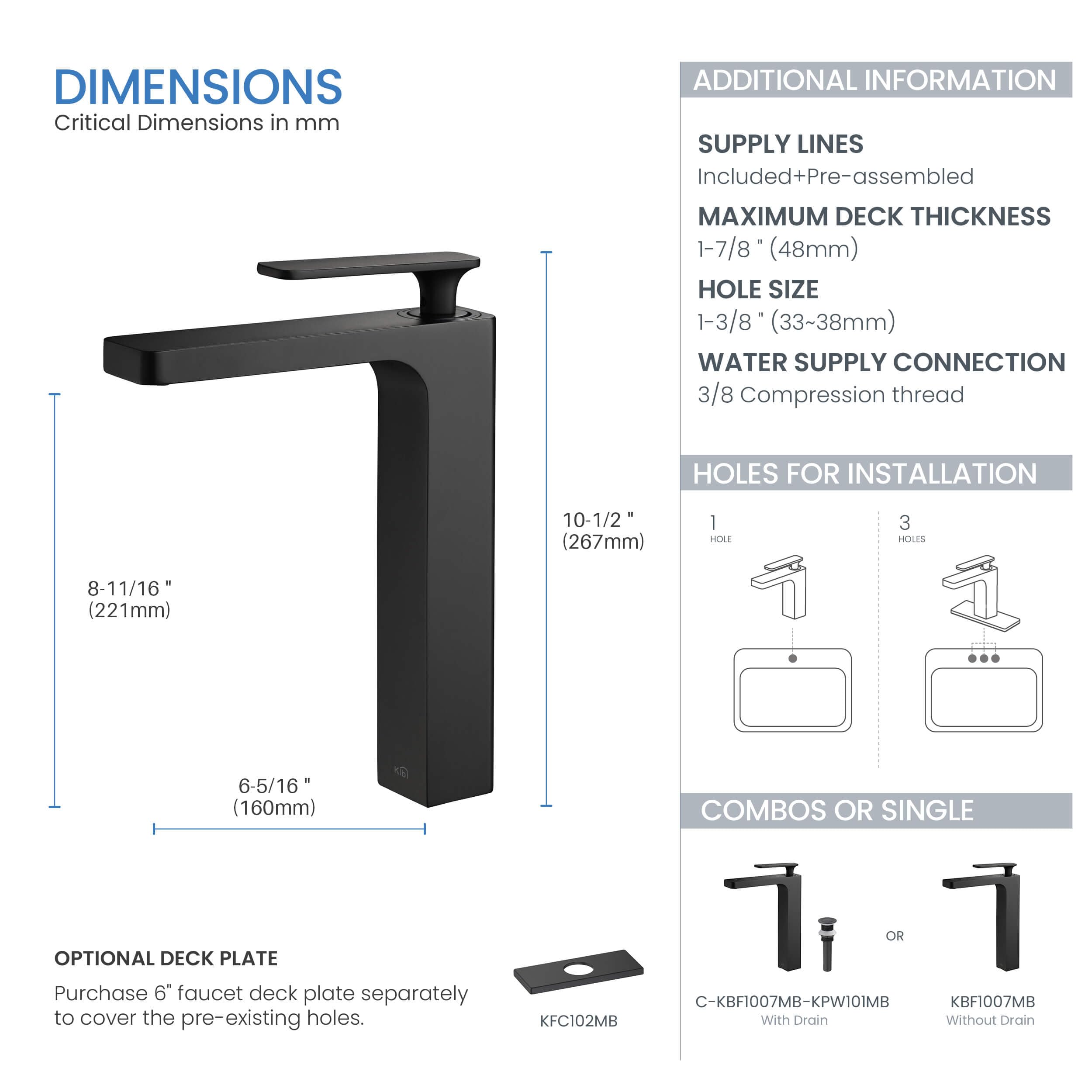 KIBI KBF1007 Infinity Single Handle Bathroom Vanity Sink Faucet - Solid Brass Lavatory Faucet with Water Supply Hose - Durable Corrosion-Resistant Matte Black Finish - Includes Pop-Up Drain - Perfect for Modern Bathroom Renovation and Home Upgrade
