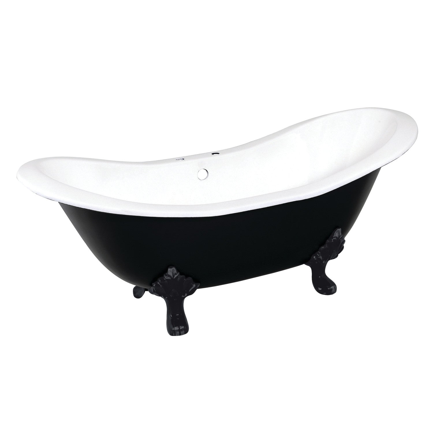 Aqua Eden 72 Inch White Matte Black Cast Iron Oval Double Slipper Clawfoot Bathtub with 7 Inch Faucet Drillings - Vintage Freestanding Soaking Tub for Luxury Bathroom & Spa Retreat