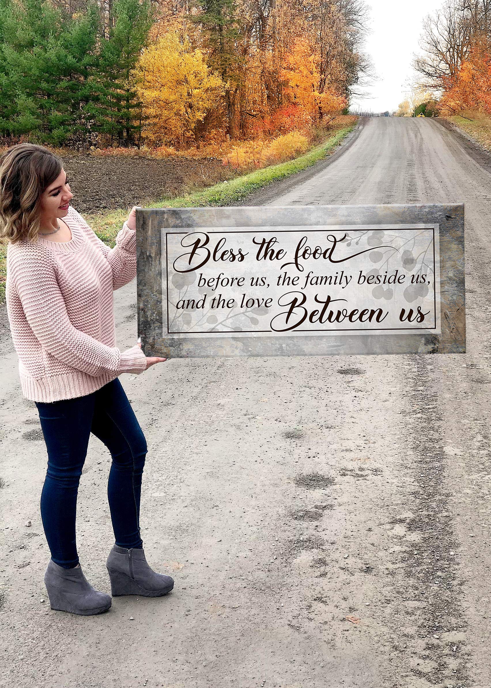 Bless The Food Sign - Large Christian Wall Decor for Dining Room & Kitchen - 42x19 Canvas Wall Art in Grey or Brown - Perfect for Family Home Decor & Religious Gift