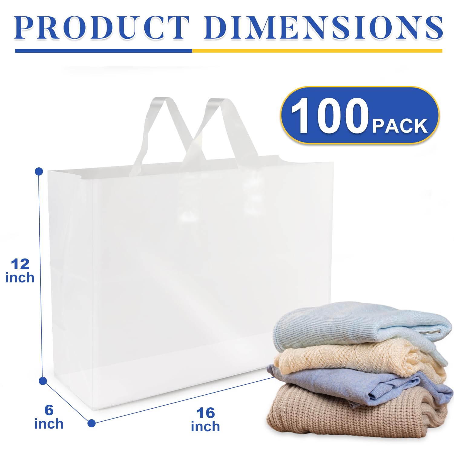 XPCARE 100 Pack Frosted Plastic Gift Bags with Handles - 16x6x12 Inches, White - Perfect for Small Business, Boutique, Retail Store, Party Favors, Wedding Gifts & Merchandise Packaging