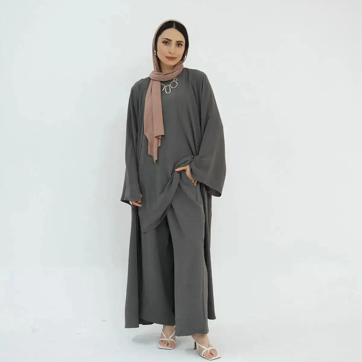 3-Piece Sleeveless Top & Pant Suit with Open Abaya Dress for Muslim Women - Modest Islamic Fashion for Prayer, Eid, Wedding & Special Occasions