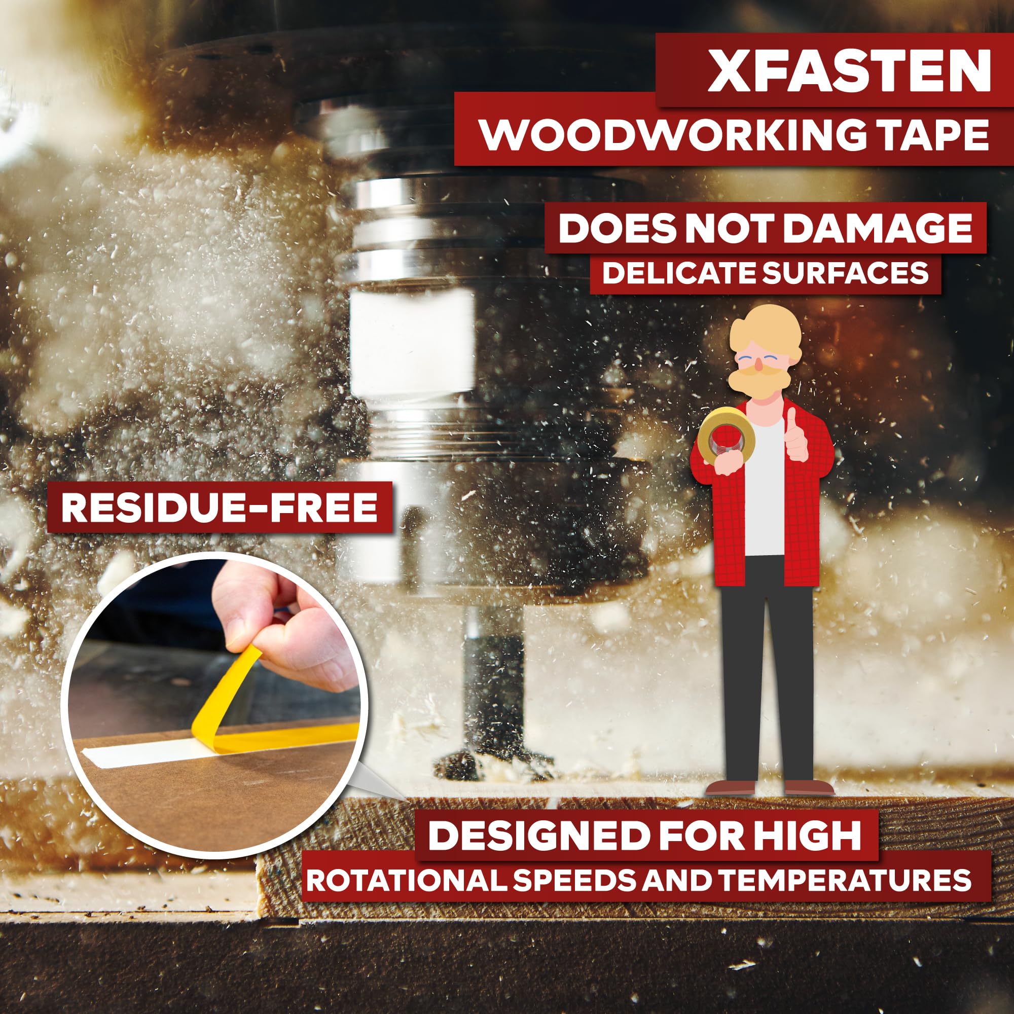 XFasten Double Sided Woodworking Tape 1/2 Inch x 36 Yards (4-Pack) - Strong Adhesive Wood Turner's Tape for Woodworking, Template Making, Edge Banding, Routing and Anchoring | Removable & Residue Free | Perfect for DIY Projects, Furniture Making and Crafting