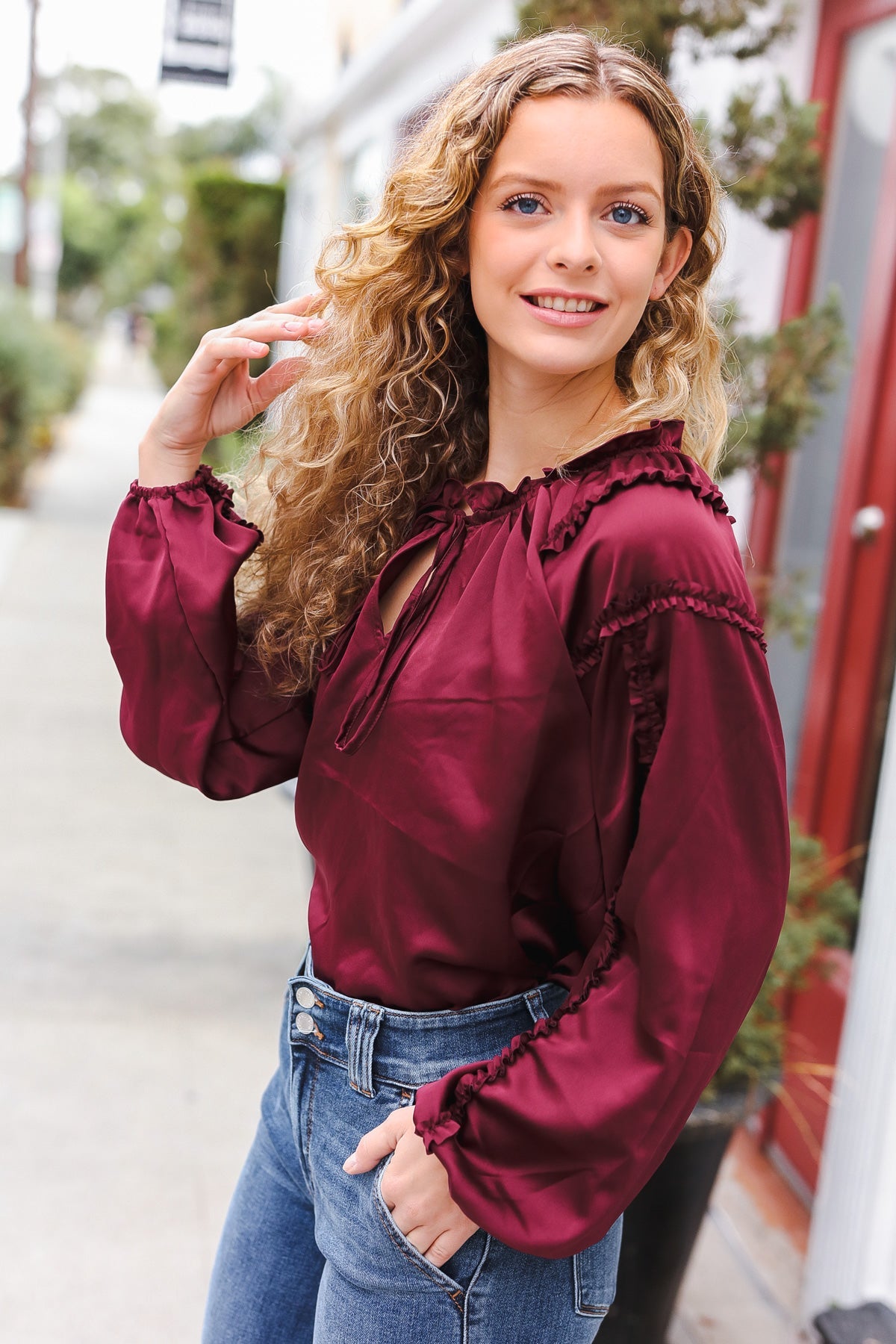 Elegant Burgundy Satin Blouse with Frill Detail & Tie Neck - Perfect for Holiday Parties & Special Occasions