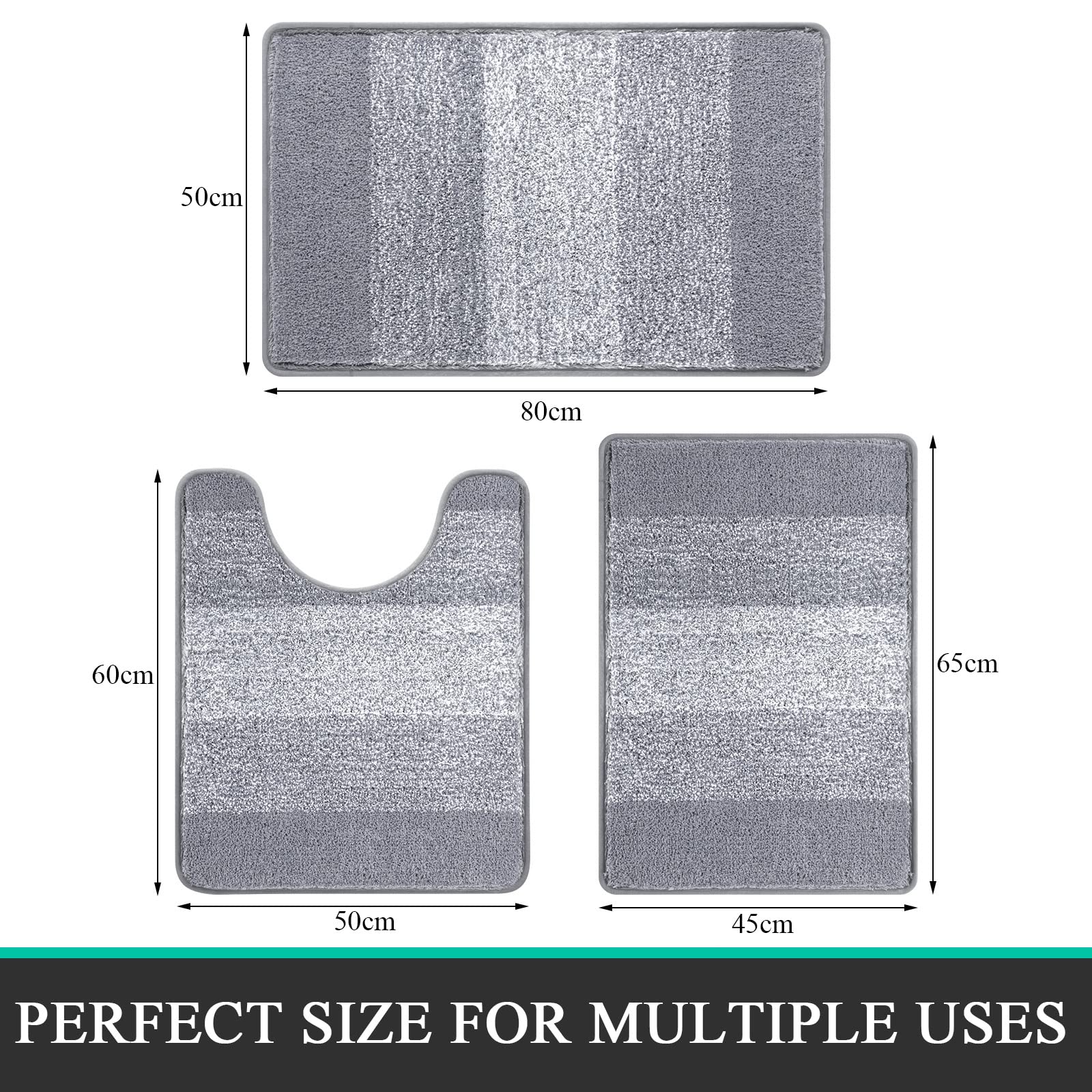 Enyhom 3-Piece Soft Microfiber Bathroom Mat Set - Super Absorbent, Non-Slip, Machine Washable Shaggy Bath & Shower Rugs for Bathroom Safety and Comfort, Light Grey - Perfect for Bathroom, Shower, and Toilet Areas