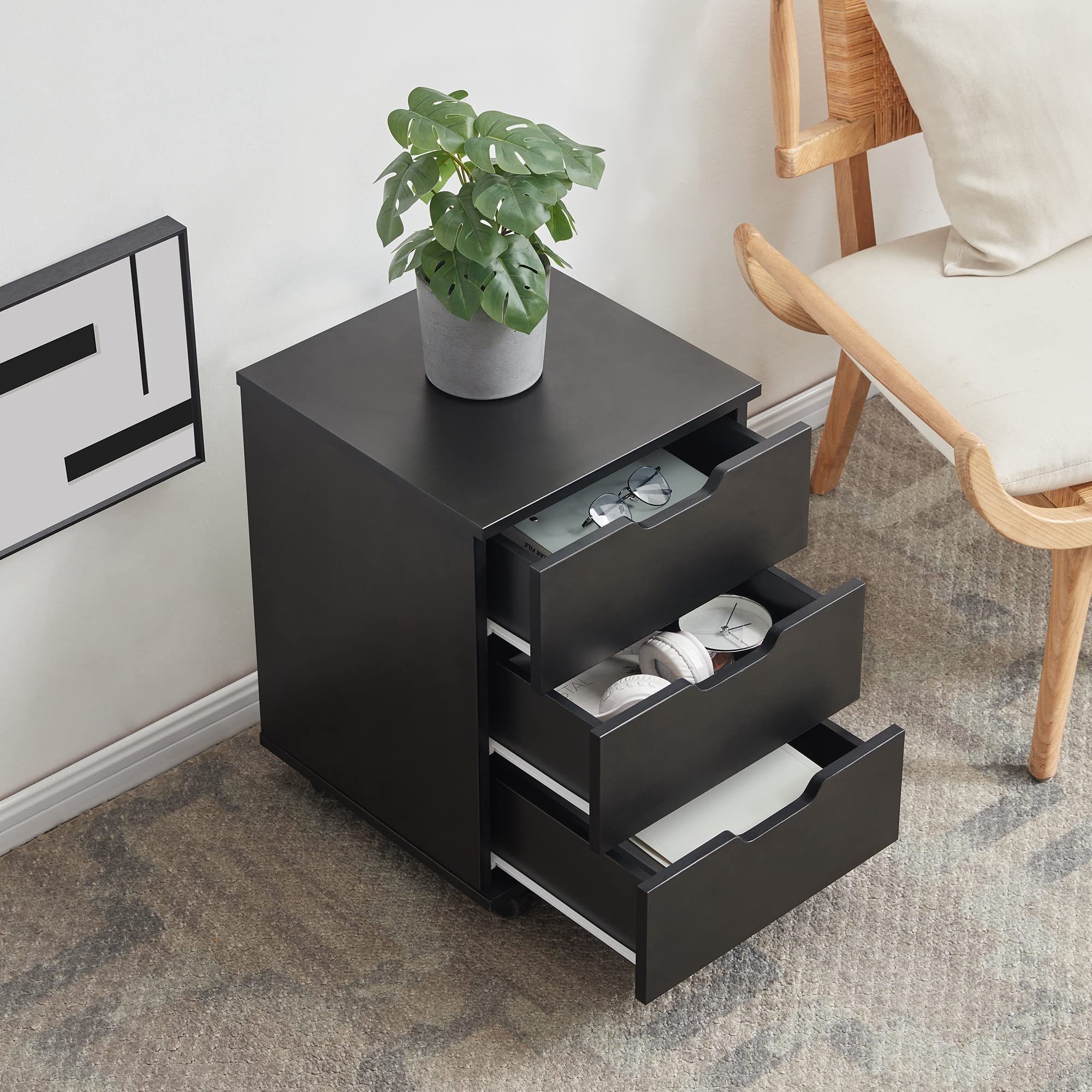 Farini 3-Drawer Vertical Rolling File Cabinet - Wooden Mobile Storage with Casters for Home Office, Under Desk Organization (Black, Non-Assembled) - Perfect for Document Storage & Workspace Organization