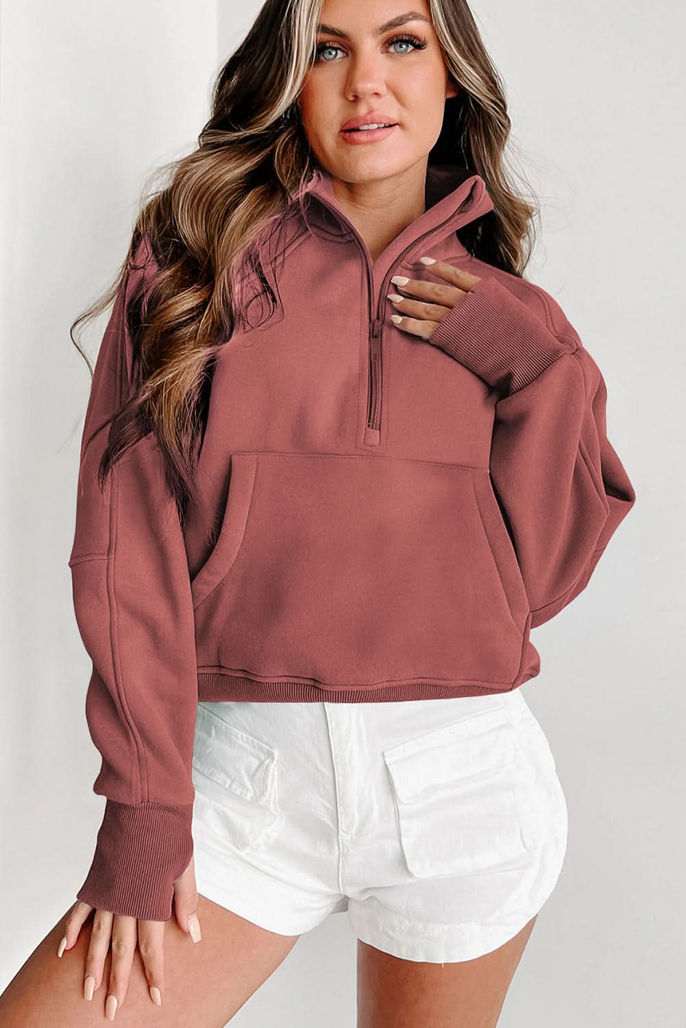 Brown Fleece Lined Zip Up Stand Collar Thumbhole Sleeve Sweatshirt for Men - Warm Winter Pullover with Thumb Holes for Outdoor Activities & Casual Wear