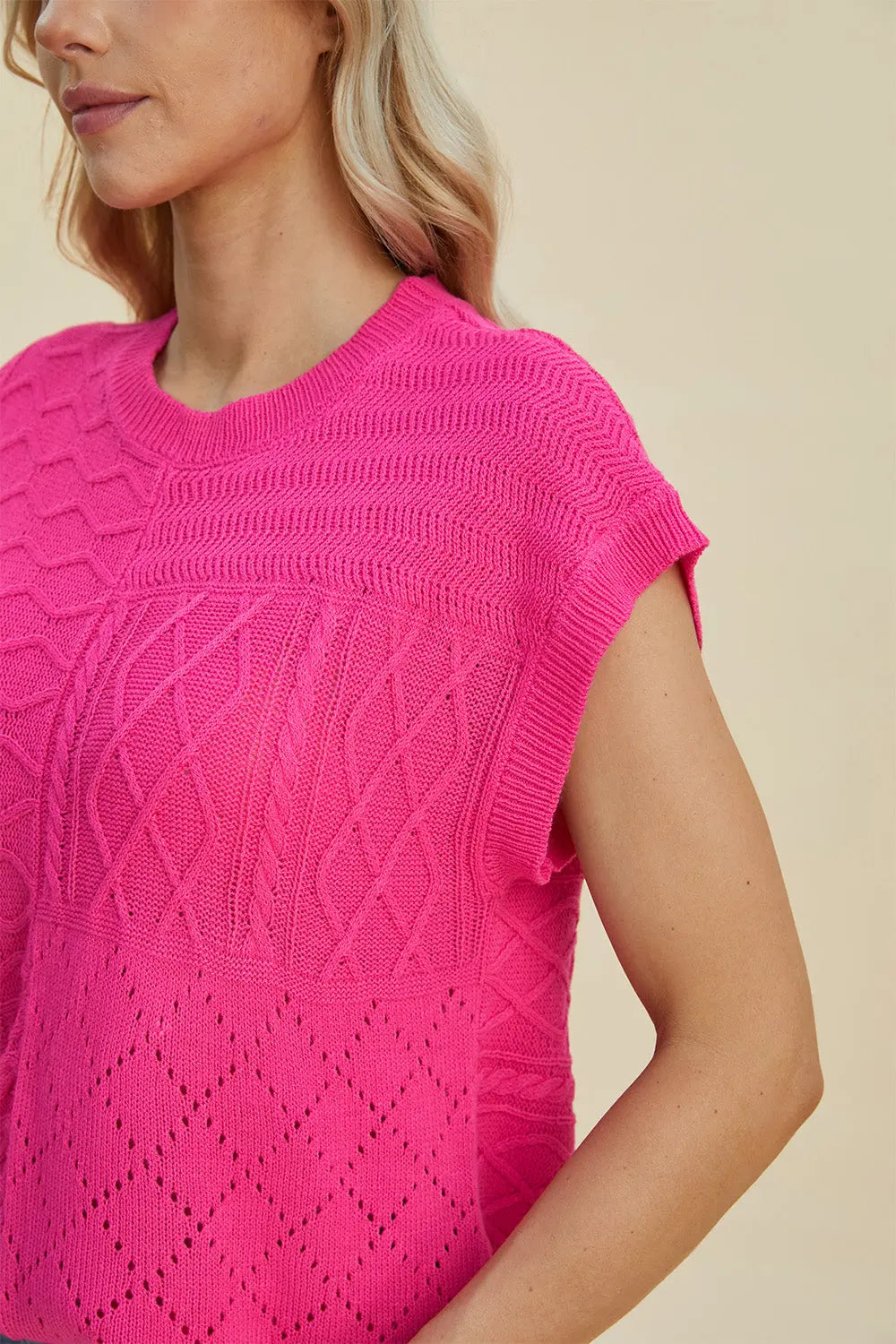 Double Take Full Size Cable Knit Round Neck Cap Sleeve Sweater for Women - Cozy Winter Pullover for Office, Date Night & Casual Outfits