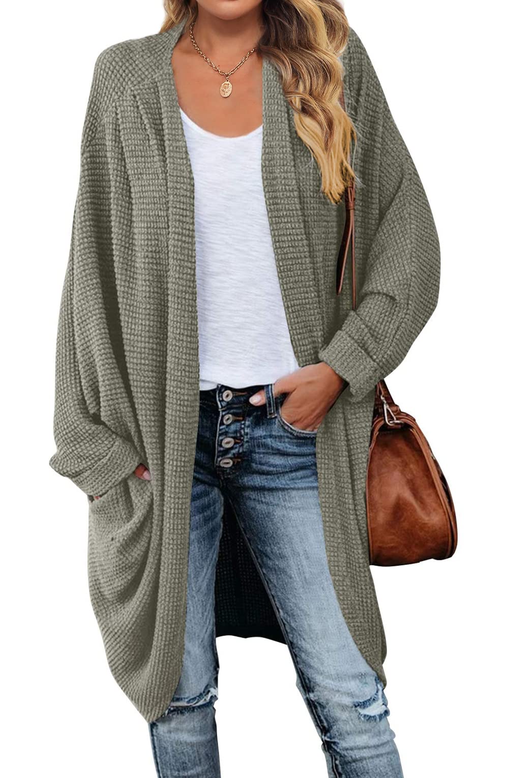 MEROKEETY Women's 2024 Fall Waffle Knit Batwing Long Sleeve Cardigan - Loose Open Front Sweater Coat for Casual Outfits & Layering | Perfect for Office, Coffee Dates and Autumn Fashion