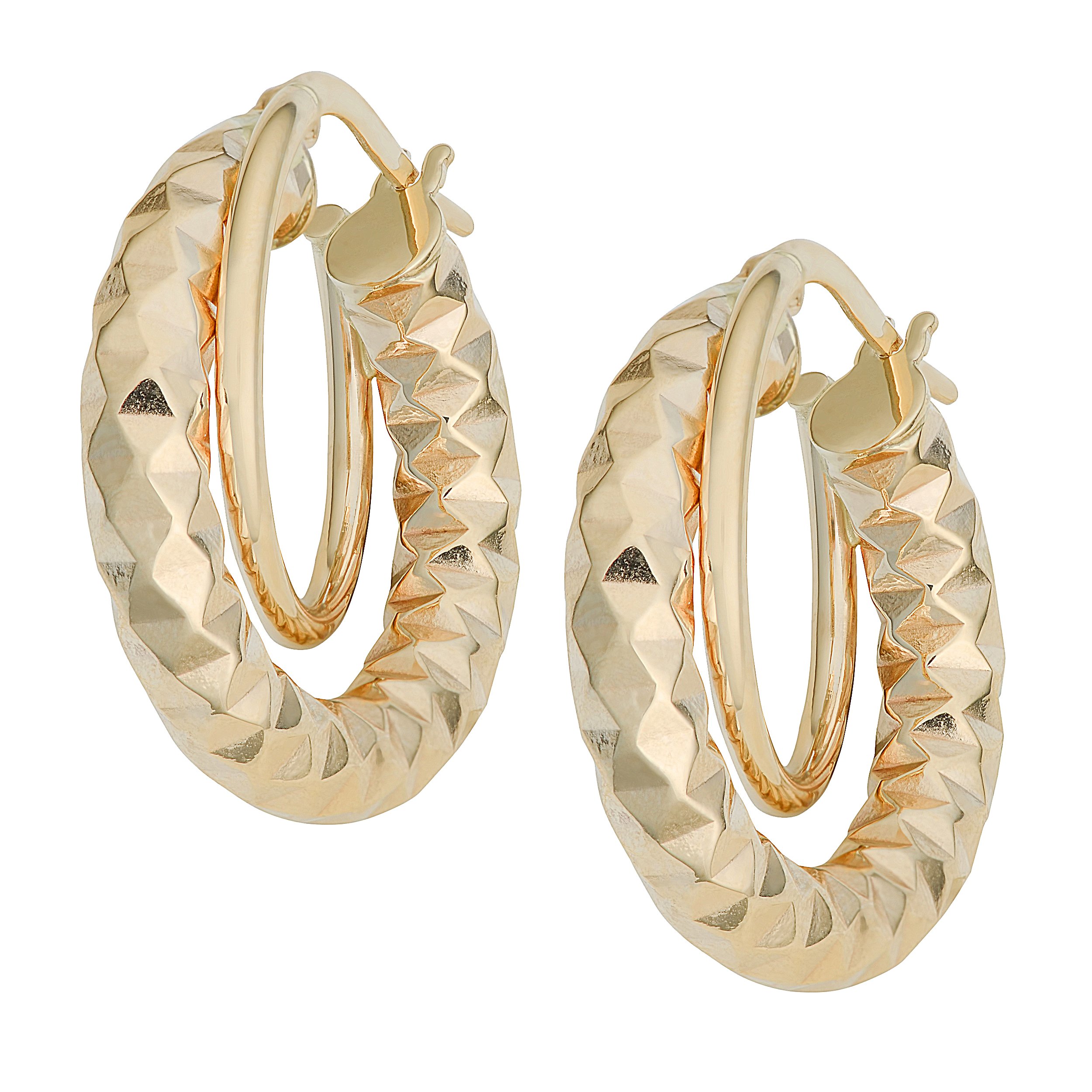 10K Gold Diamond-Cut Polished Double Round Hoop Earrings for Women - Elegant Everyday & Party Jewelry Gift - Kooljewelry