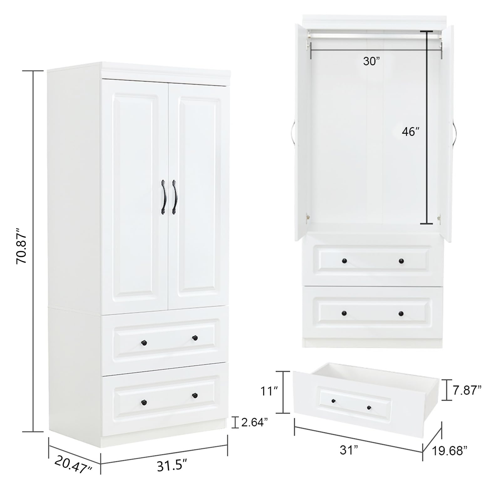 White Wooden Wardrobe Closet with Hanging Rod - 3 Doors, 2 Drawers & High Storage Capacity | Freestanding Closet Organizer for Bedroom, Guest Room or Dormitory