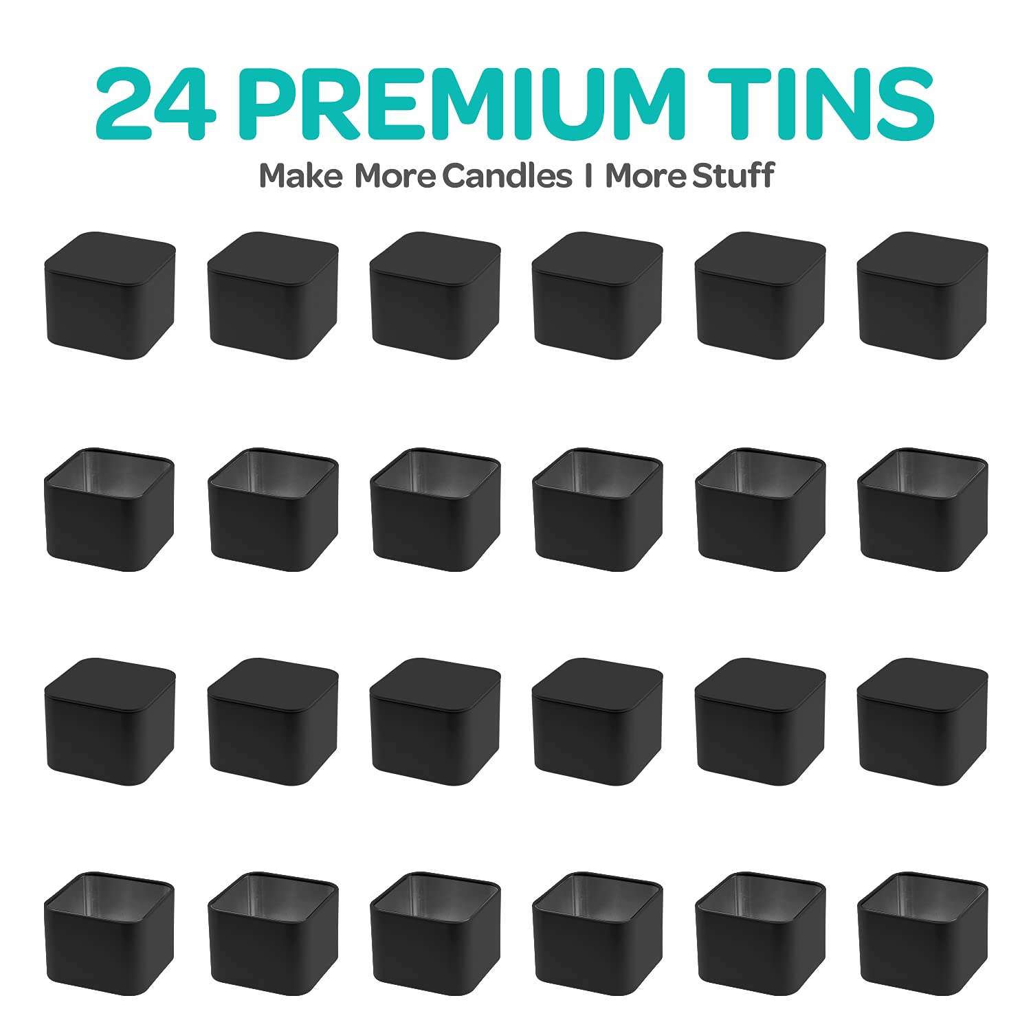 Hearts & Crafts 8 oz Matte Black Square Metal Candle Tins with Lids - Pack of 24 - Heat Resistant, Non-Rusting Empty Candle Jars for DIY Candle Making, Home Decor, Wedding Favors, Gift Packaging & Storage - Perfect for Aromatherapy, Party Decorations & Craft Projects