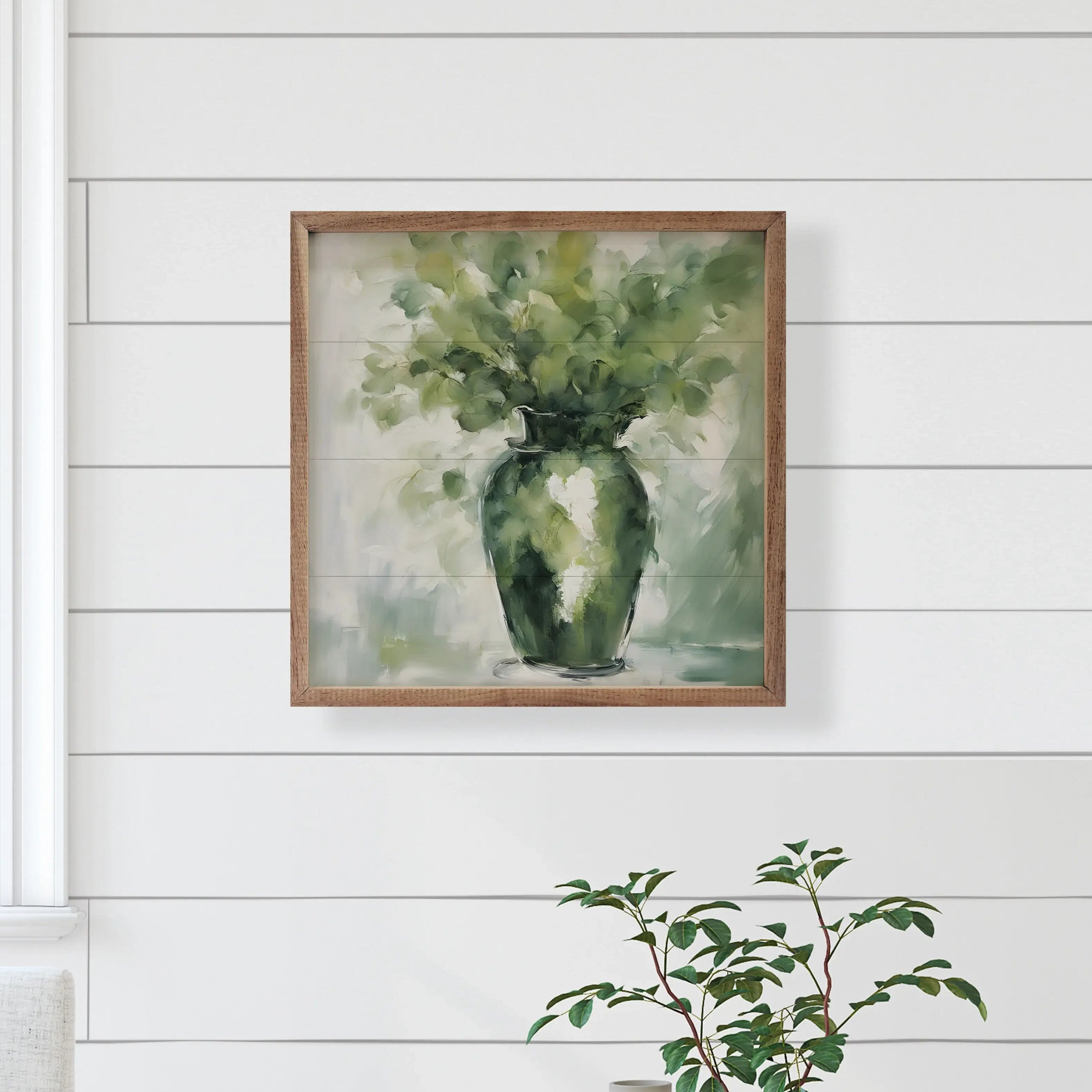 Green Eucalyptus in Vase Wood Framed Print Wall Art - Botanical Home Decor for Living Room, Bedroom & Office