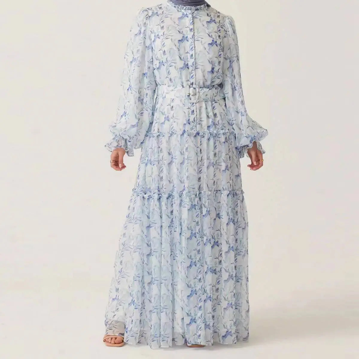 Elegant Muslim Women's Chiffon Printed Abaya Dress - Modest Islamic Prayer Dress for Eid, Ramadan & Special Occasions
