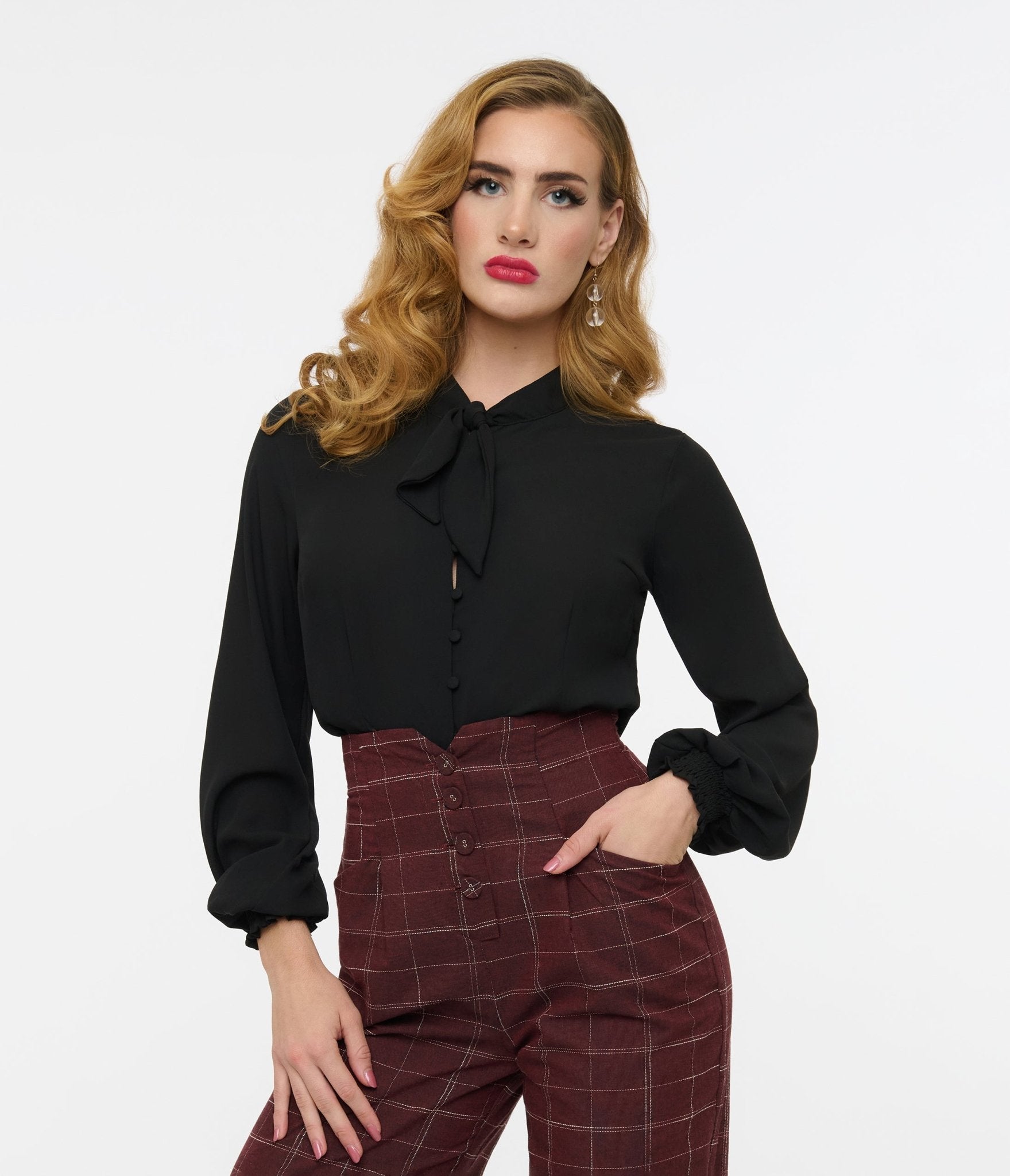 Vintage 1940s Black Neck Tie Blouse - Retro Women's Fashion Top for Office, Party & Special Occasions