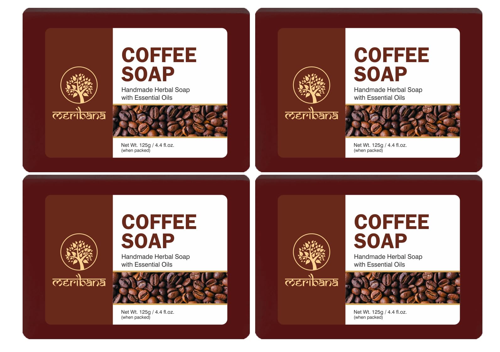 MeriBana Handmade Coffee Bath Soap Bar - Exfoliating & Aromatherapy (4 Pack, 125g Each) - Perfect for Relaxation, Skin Renewal & Spa Day at Home
