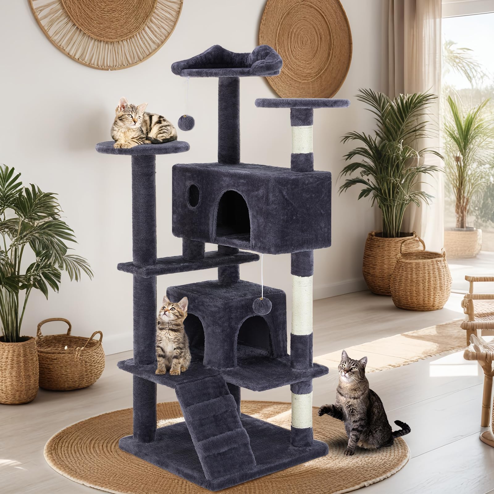 Premium 54-Inch FluffyDream Multi-Level Cat Tree Tower for Indoor Cats - Sisal Scratching Posts, Play House & Condo for Large Cats & Kittens (Gray) | Perfect for Small Apartments & Pet-Friendly Homes