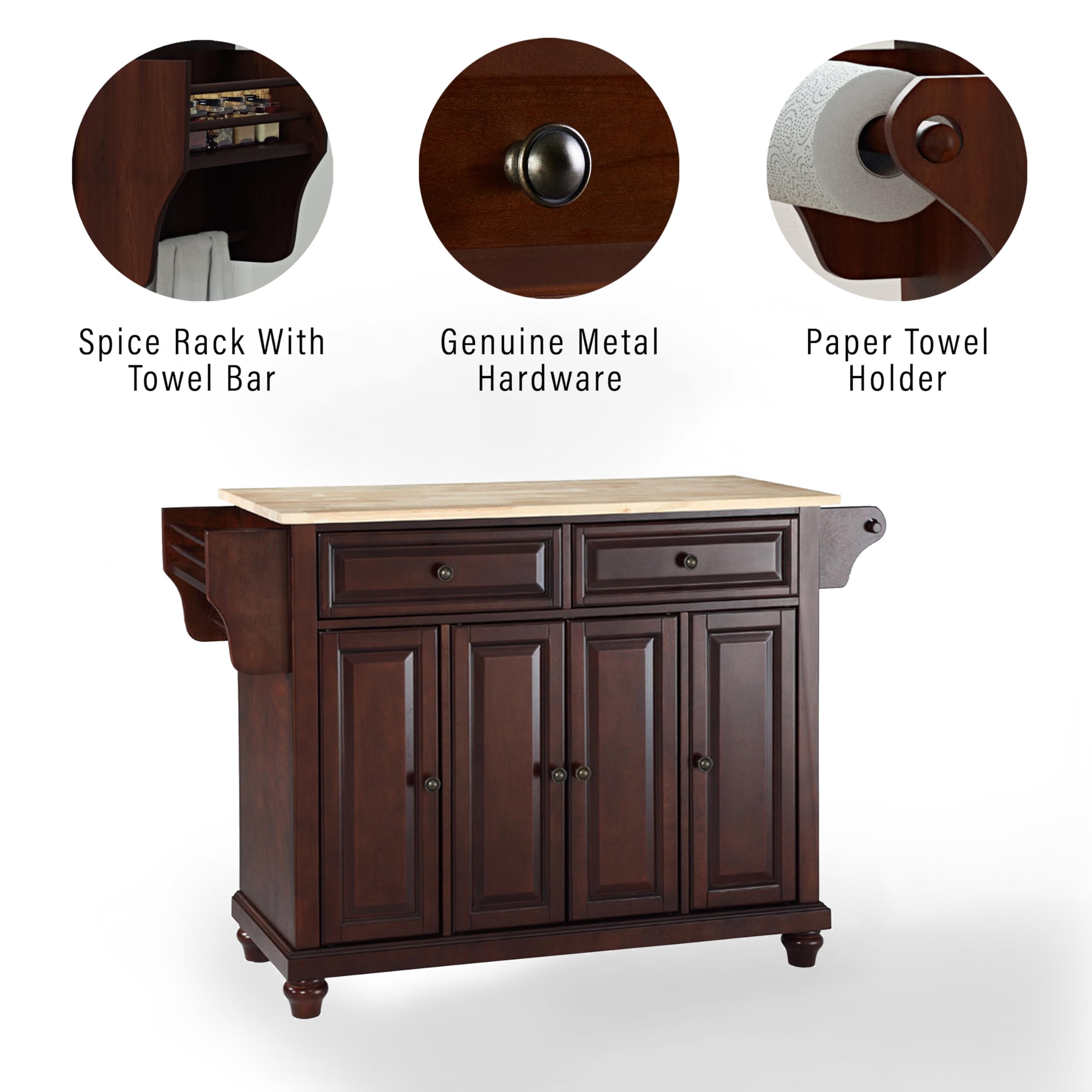 Crosley Cambridge Wood Top Rolling Kitchen Island Cart with Storage - Microwave Stand & Spice Rack - Mahogany Finish - Perfect for Small Kitchens, Pantry Organization & Mobile Food Prep Station