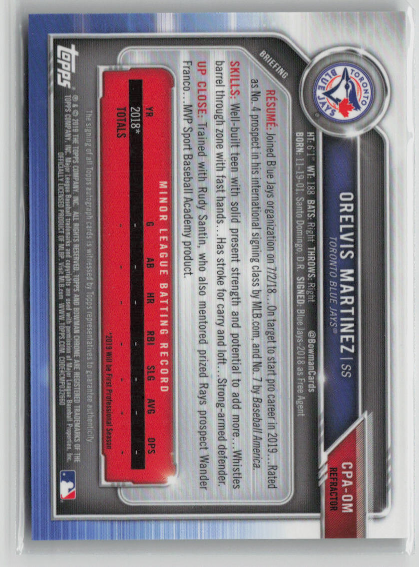 2019 Bowman Chrome Orelvis Martinez #CPA-OM Refractor Autograph Rookie Card 347/499 - Baseball Trading Card for Collectors & Investors | Perfect for MLB Memorabilia Collections & Sports Card Shows