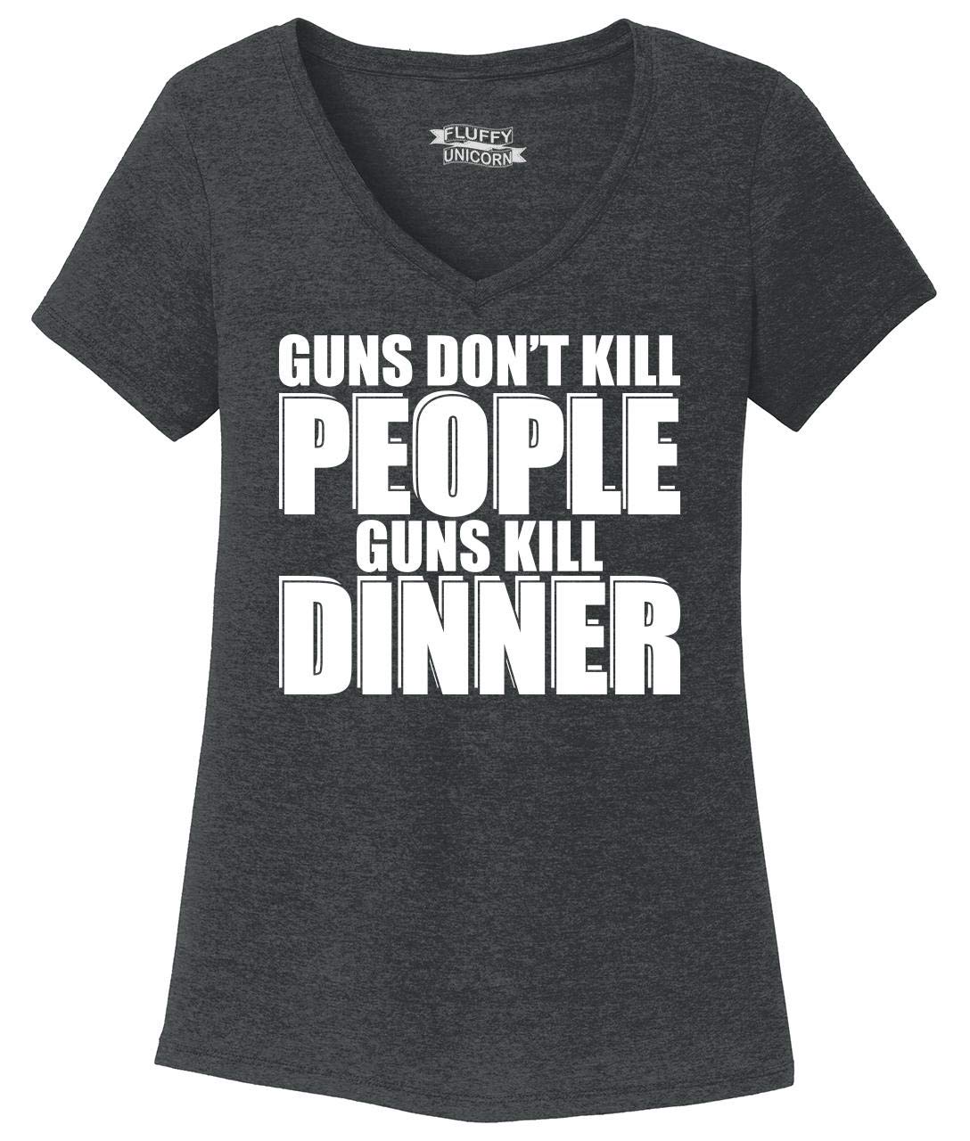 Funny Women's Guns Don't Kill People Guns Kill Dinner T-Shirt - Soft Tri-Blend V-Neck Tee for Casual Wear & Humor Lovers | Perfect for Parties, Gifts & Everyday Outfits