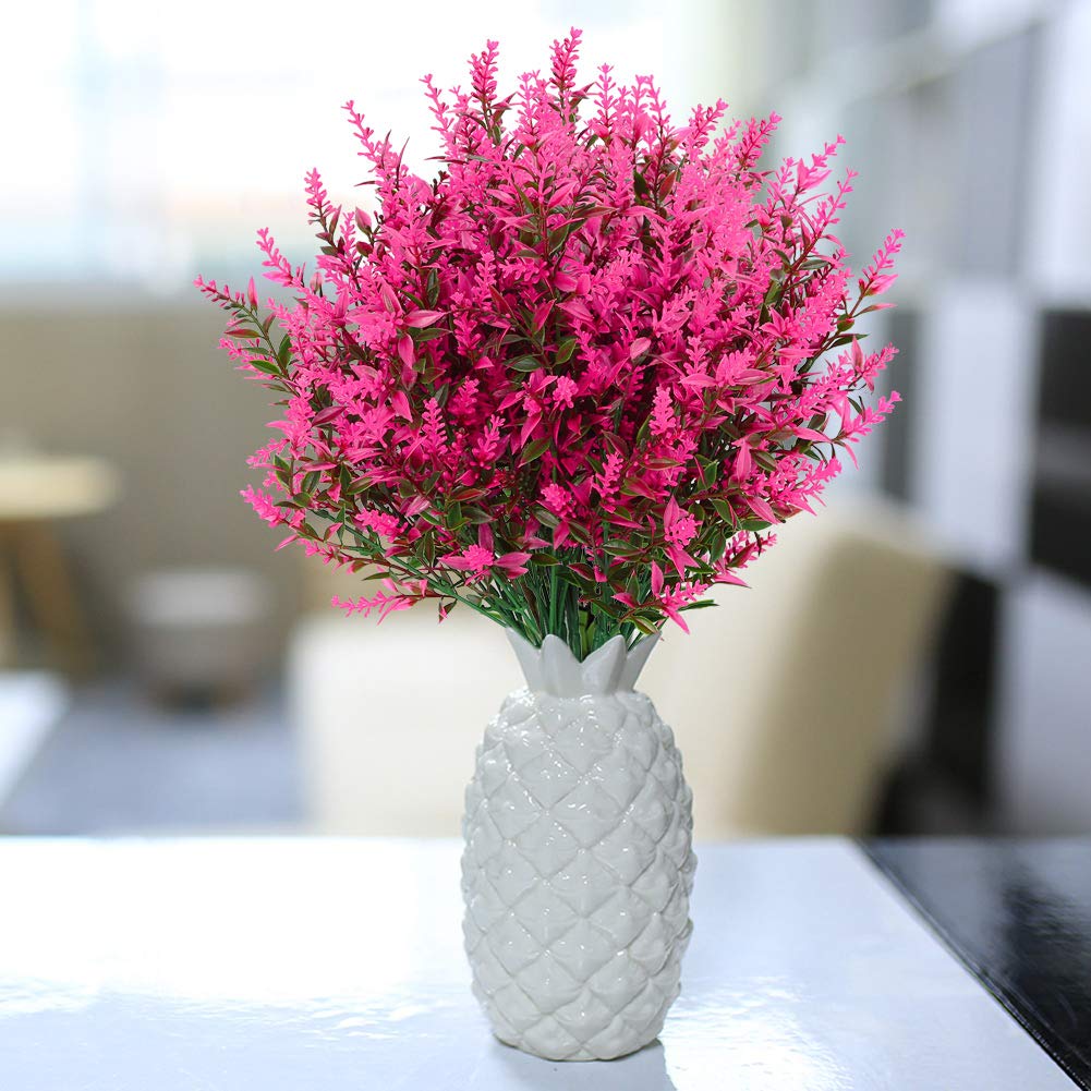 24 Pack Artificial Lavender Flowers - UV Resistant Faux Plastic Plants for Outdoor Garden, Porch, Window Box Decor - No Fade Fake Flowers for Home, Wedding, Party Decoration (Hot Pink)