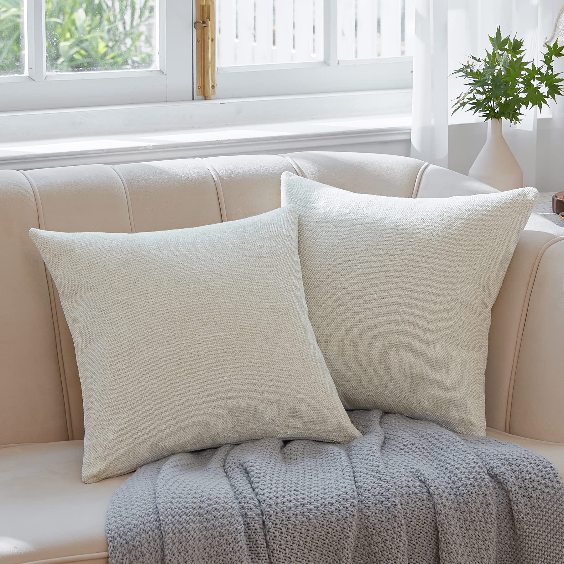 Anickal White Beige Pillow Covers 20x20 Inch Set of 2 - Decorative Square Throw Pillow Cases for Couch, Sofa & Living Room - Farmhouse Home Decor Accent Pillows for Bedroom, Porch & Outdoor Use
