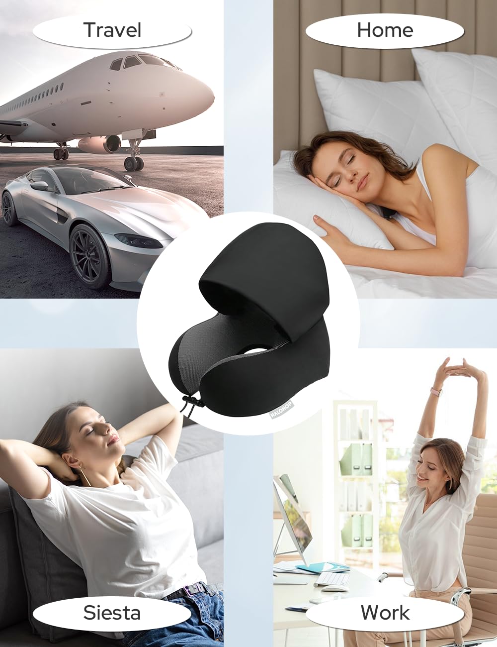 Halohop Hooded Neck Pillow for Airplane Travel - 100% Pure Memory Foam Neck Support Pillow for Flights, Cars & Office - Relieves Neck Pain, Machine Washable & Portable - Perfect for Long Flights, Road Trips & Work Breaks