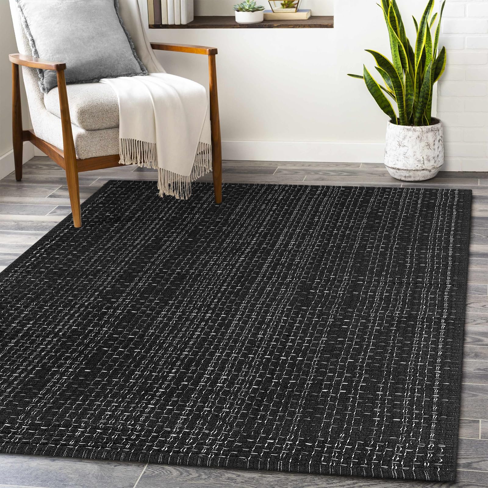 Seavish Modern 3'x5' Black Cotton Woven Area Rug - Farmhouse Style Neutral Decor for Bedroom, Living Room, Entryway, Patio & Doorway - Perfect for Laundry Room Mats, Bathroom Runners & Rustic Home Decor