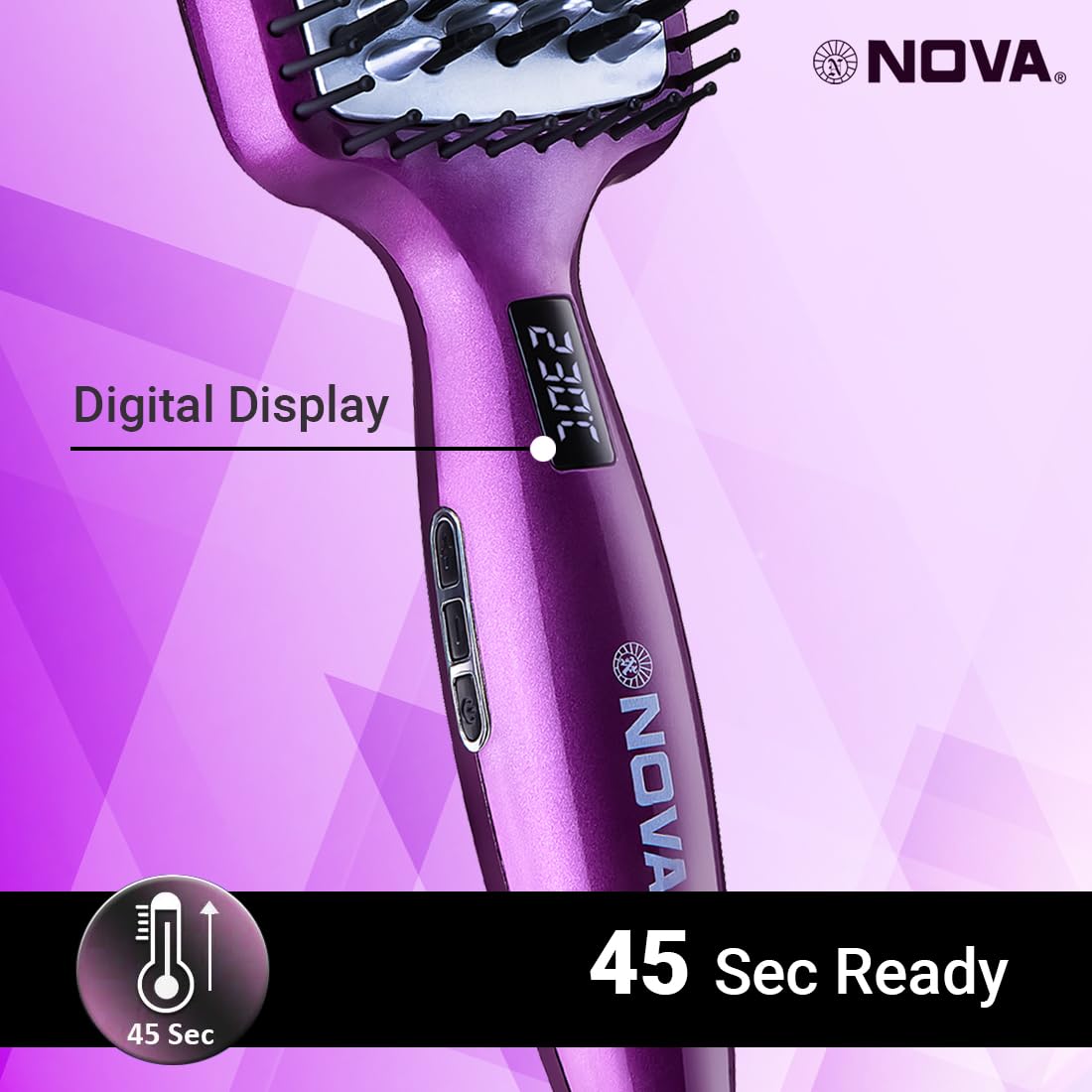 NOVA NHS 907 Professional Hair Straightener & Styling Brush - Purple | 2-in-1 Flat Iron & Volumizing Brush for Smooth, Frizz-Free Hair | Perfect for Home Use, Travel & Salon Styling