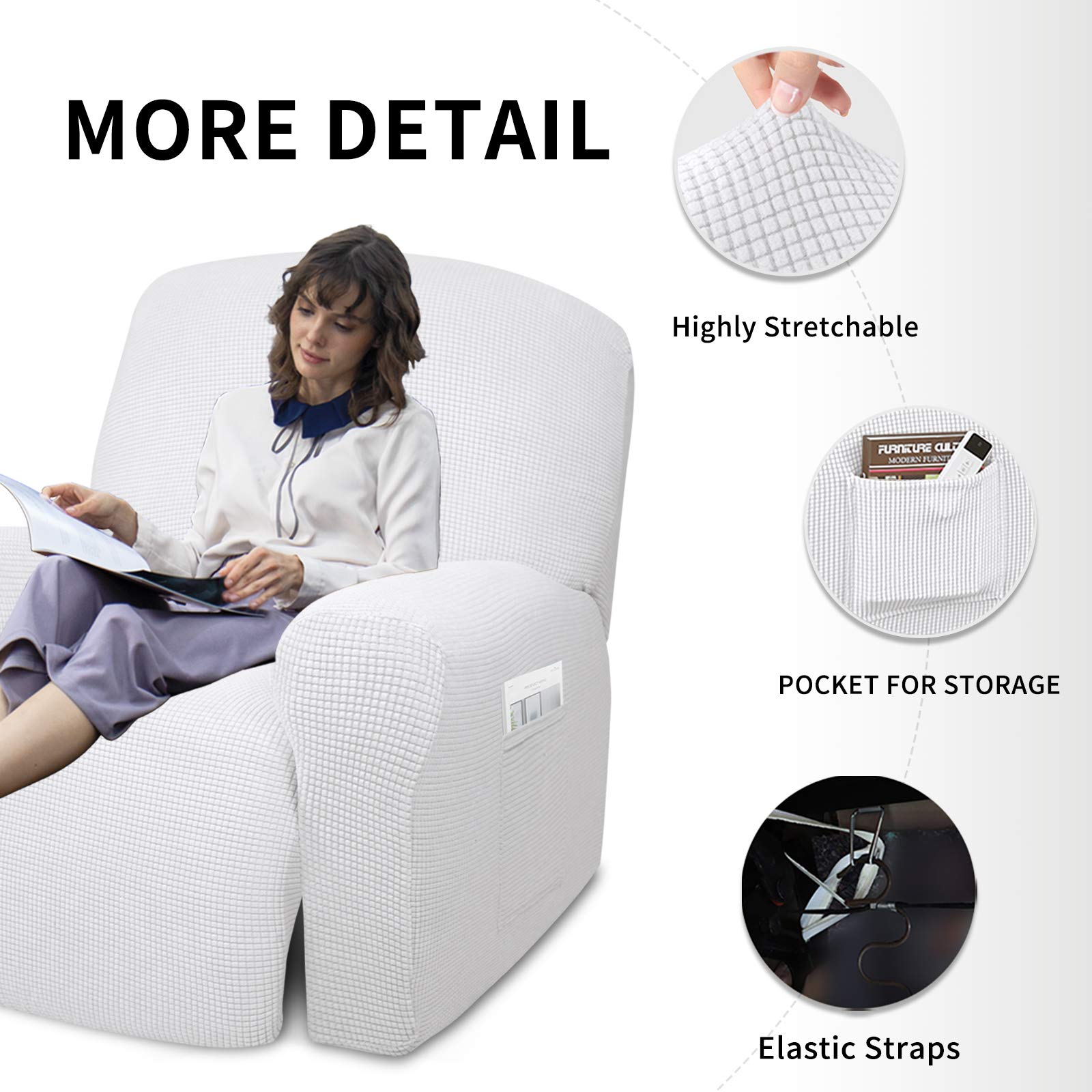 4-Piece Oversized Recliner Stretch Sofa Slipcover - Soft Polyester Spandex Jacquard Fabric with Elastic Bottom - Snow White Checkered Pattern - X-Large Furniture Protector for Living Room, Family Room & Home Theater