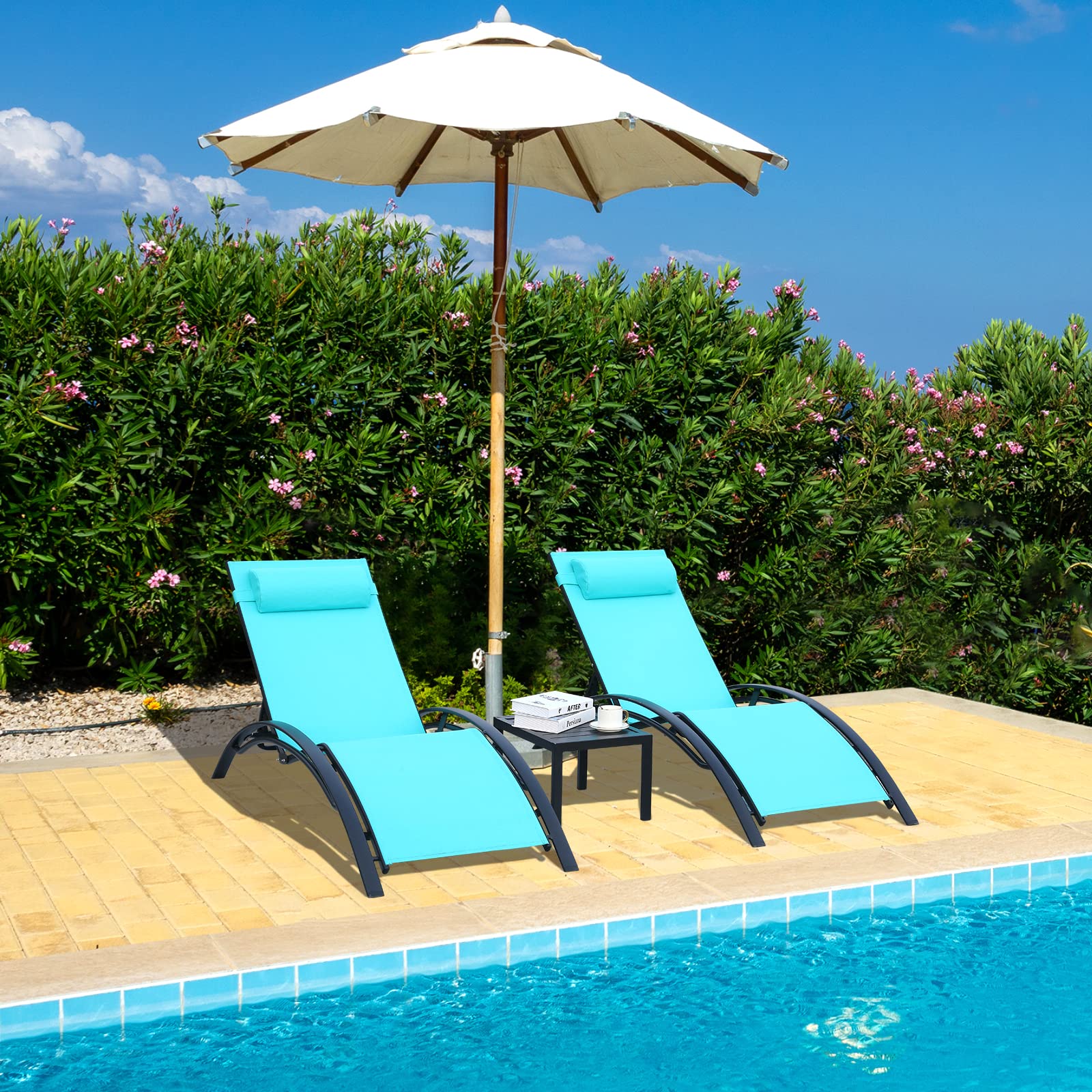 **AthLike 3-Piece Patio Chaise Lounge Set with Headrest & Side Table - 5-Level Adjustable Sunbathing Recliner for Poolside, Beach & Outdoor Relaxation (Blue)**