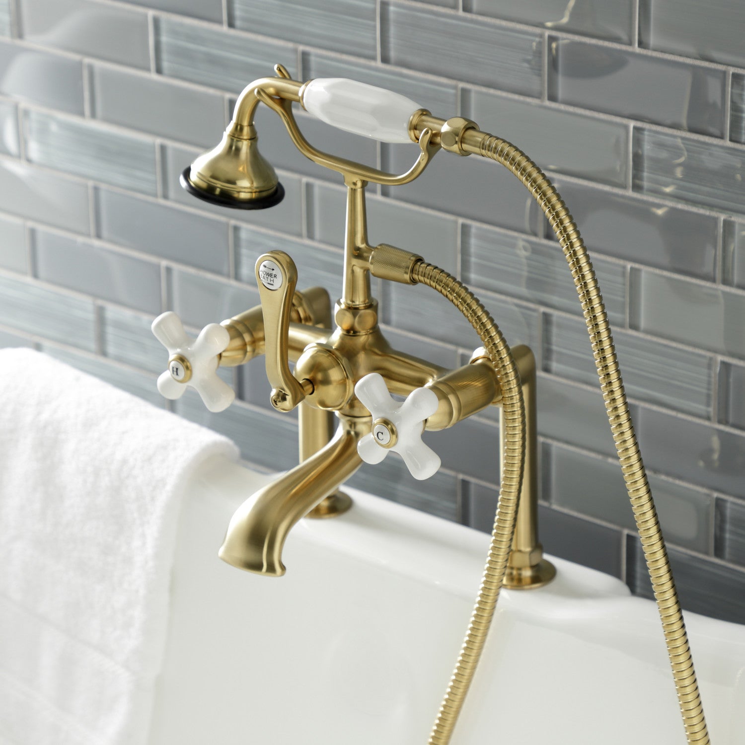Vintage Clawfoot Tub Faucet with Hand Shower - 3-Handle 2-Hole Deck Mount Brushed Brass Bathroom Fixture for Classic & Modern Bathrooms | Perfect for Renovations & Luxury Spa Experience