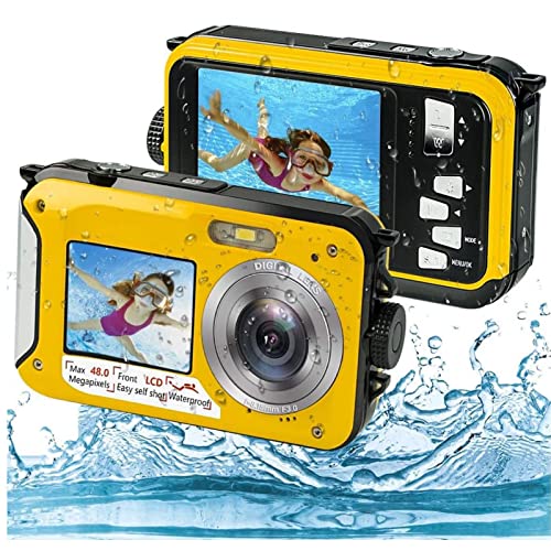 48MP Waterproof Digital Camera with 2.7K FHD Video & 16x Zoom - 10ft Underwater Camera with Dual Screens for Selfie - Ideal for Snorkeling, Swimming, Beach Vacations & Outdoor Adventures (Yellow)