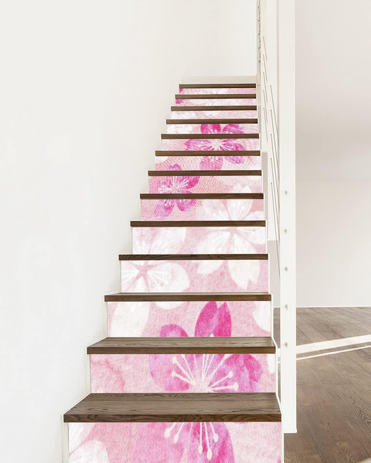 3D Self-Adhesive Removable Stair Stickers - Pink Cherry Blossom Floral Vinyl Decals for Stairs, Kitchen Tiles & Walls (13-Piece Set) | Easy DIY Home Decor for Bedroom, Bathroom & Nursery Renovation