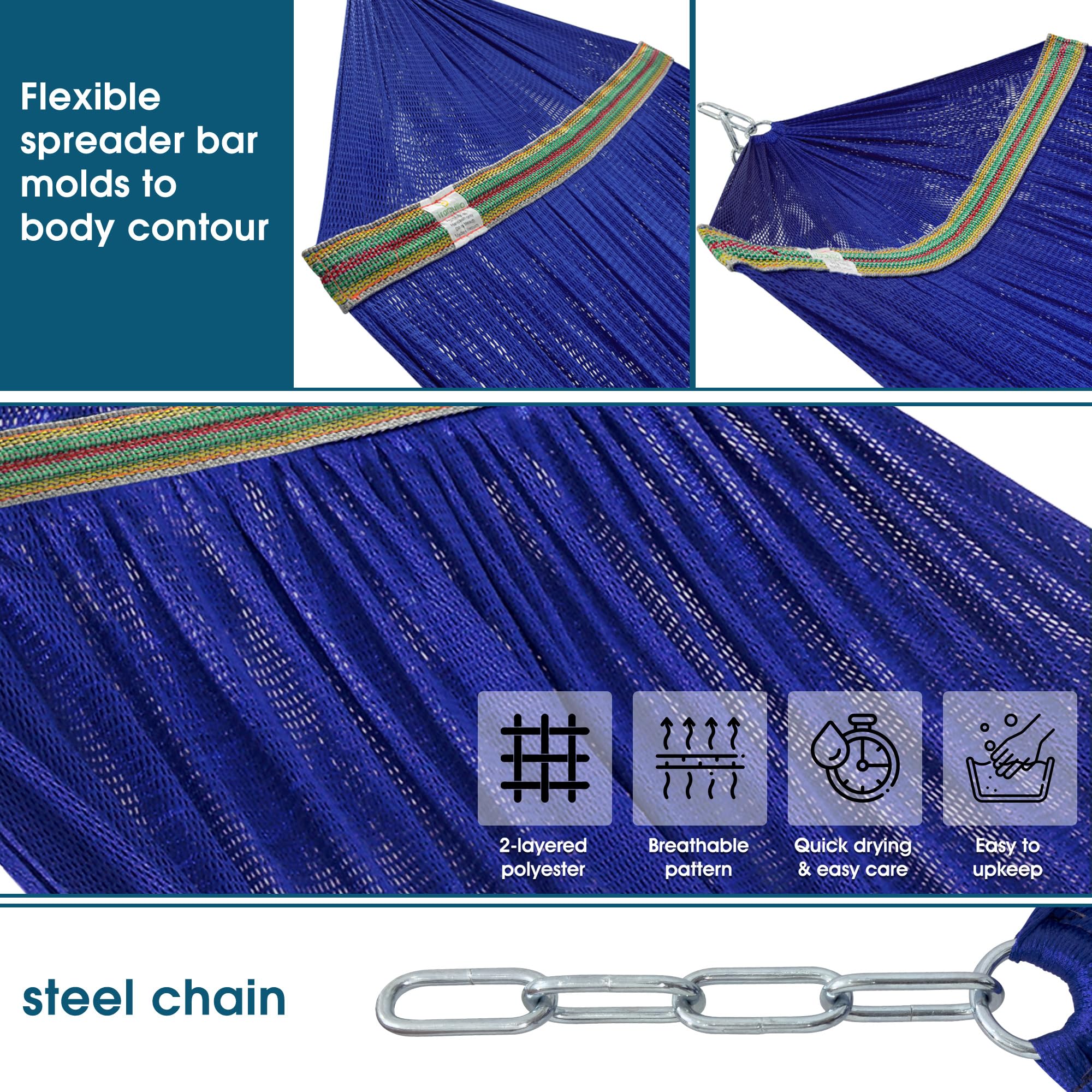 Premium Tranquillo Camping Hammock with Stand - 600 lbs Capacity 2-Person Foldable Hammock, Collapsible & Noiseless Heavy Duty Design (Blue) - Perfect for Backyard Relaxation, Beach Trips & Outdoor Adventures