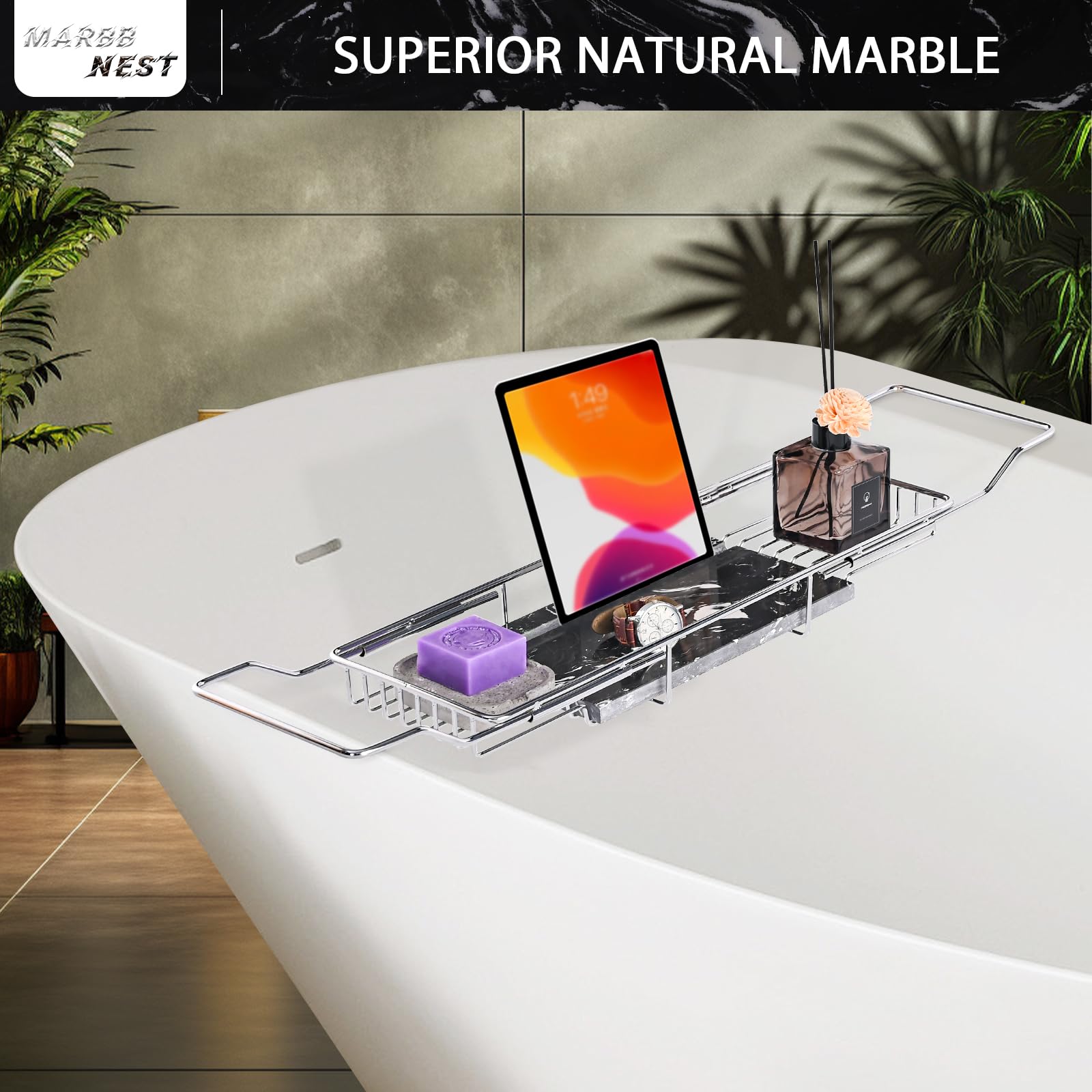 Luxury Expandable Bathtub Tray Caddy with Natural Marble Top & Tablet Stand - Extra Wide Bath Tray for Spa Relaxation, Reading & Wine - Chrome & Black Finish for Home Bathroom Essentials