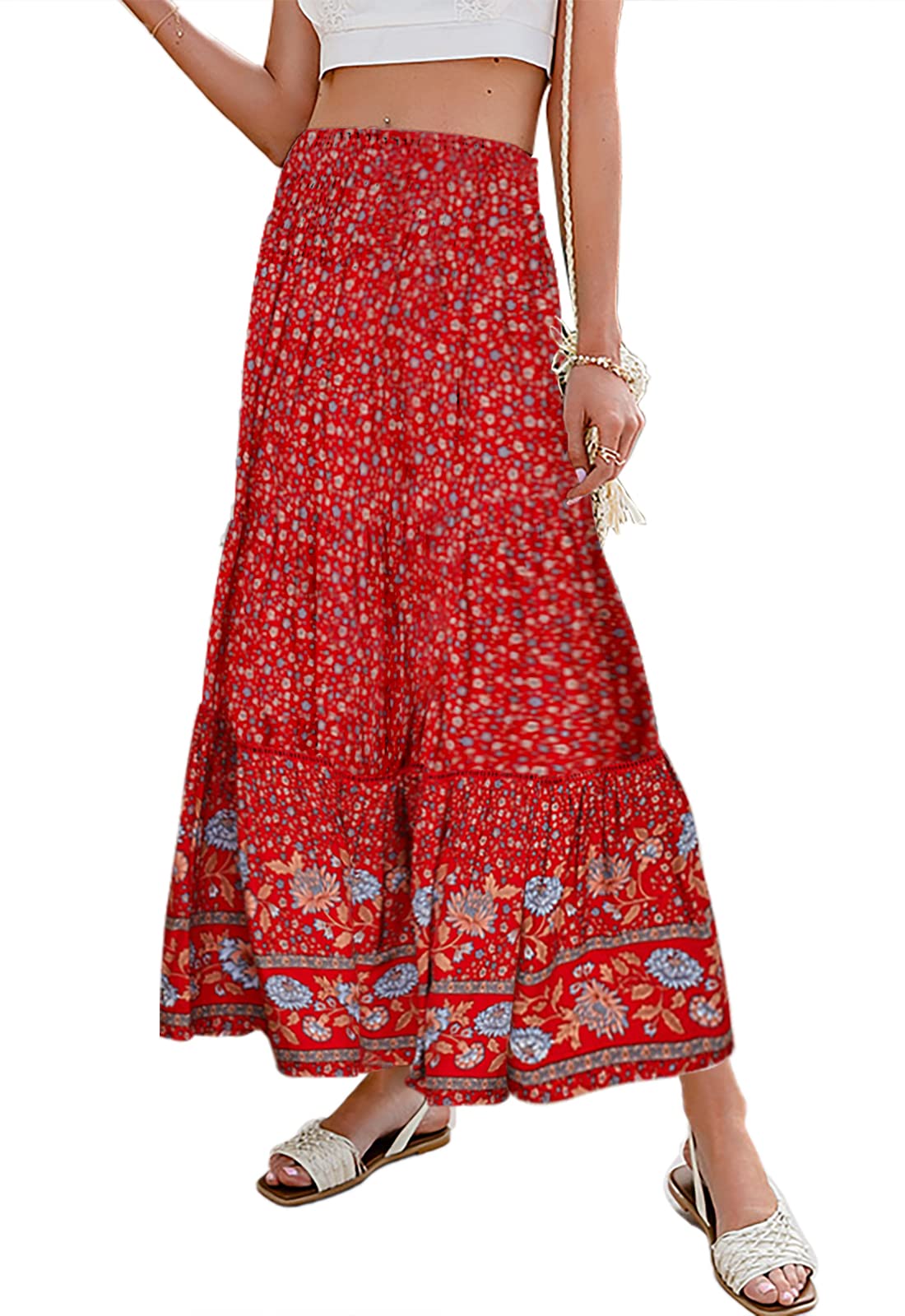 HERBATOMIA Women's Floral Print Maxi Skirt - High Elastic Waist Summer Boho Skirt for Casual, Beach & Vacation | Sexy Long Skirts for Women | Perfect for Outdoor Parties, Travel & Tropical Getaways