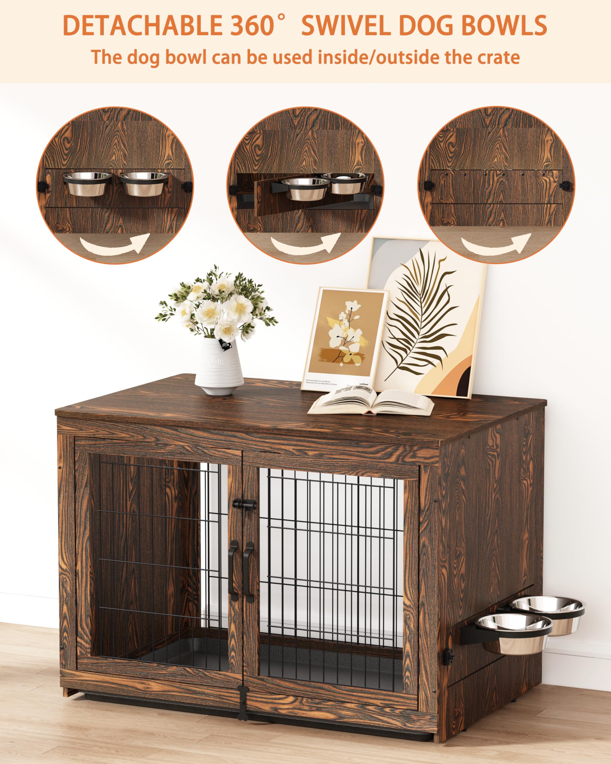 Piskyet Rustic Style Wooden Dog Crate Furniture - 360° Rotatable Removable Dog Bowls, Double Door Dog Kennel with Tray - End Table for Small to Medium Dogs (31.8