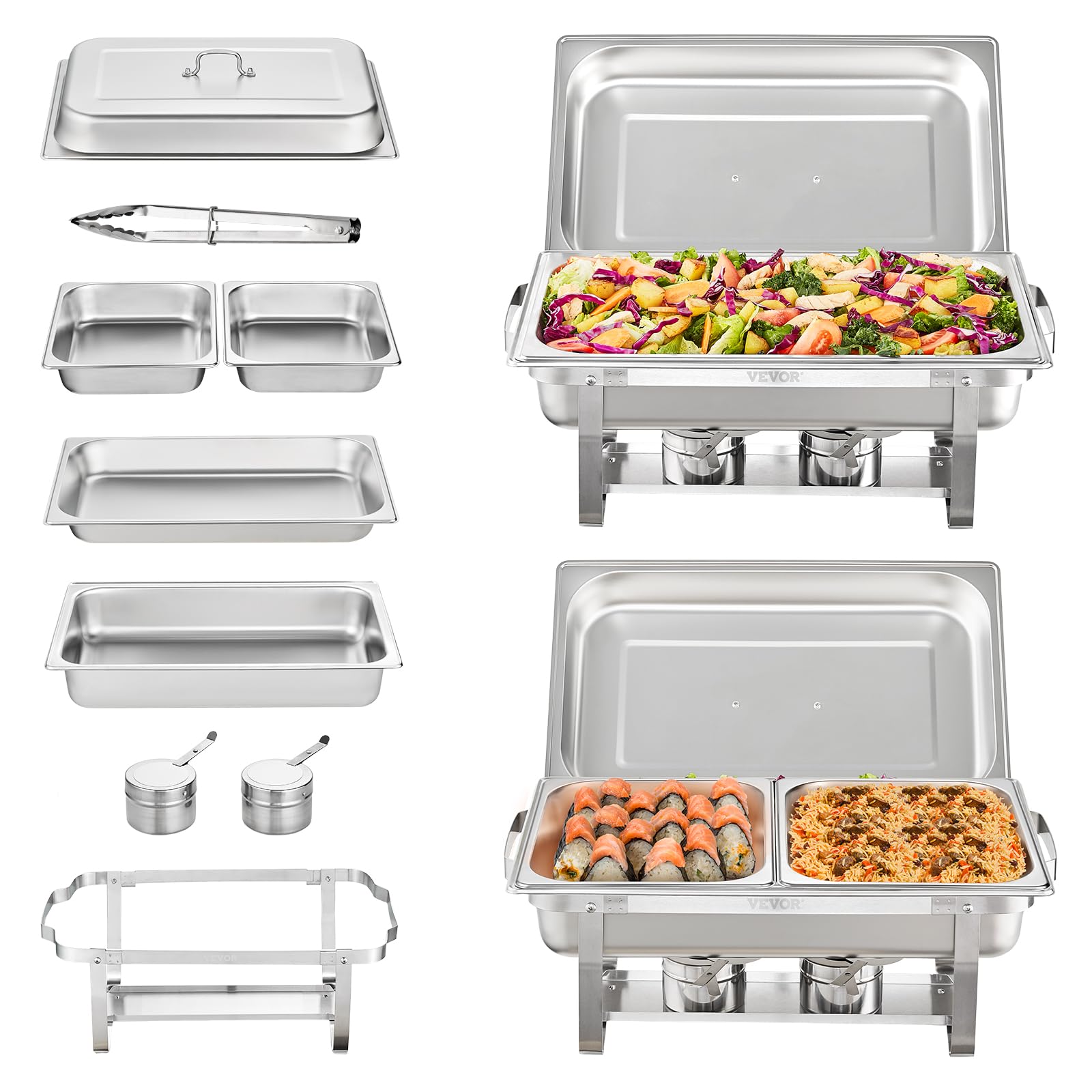 Stainless Steel 8 Qt Chafing Dish Buffet Set (2 Pack) - Includes 2 Full & 4 Half Size Pans, Rectangle Catering Warmer with Lid, Water Pan, Folding Stand, Fuel Tray & Holder Clip - Perfect for Buffets, Catering Events & Party Food Serving