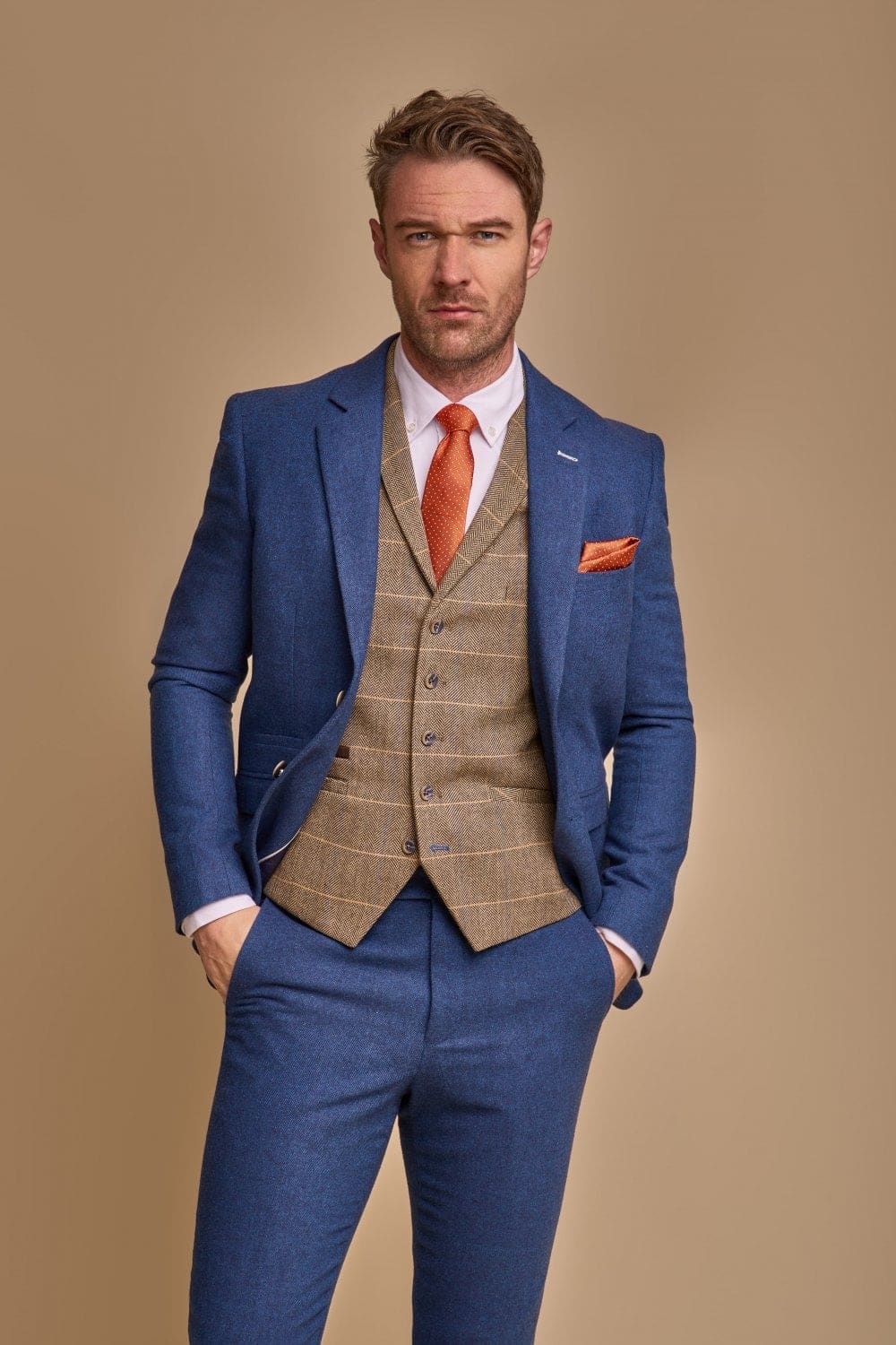 Stylish Cavani Orson Blue Suit with Albert Brown Waistcoat - Perfect for Weddings, Business Meetings & Formal Events