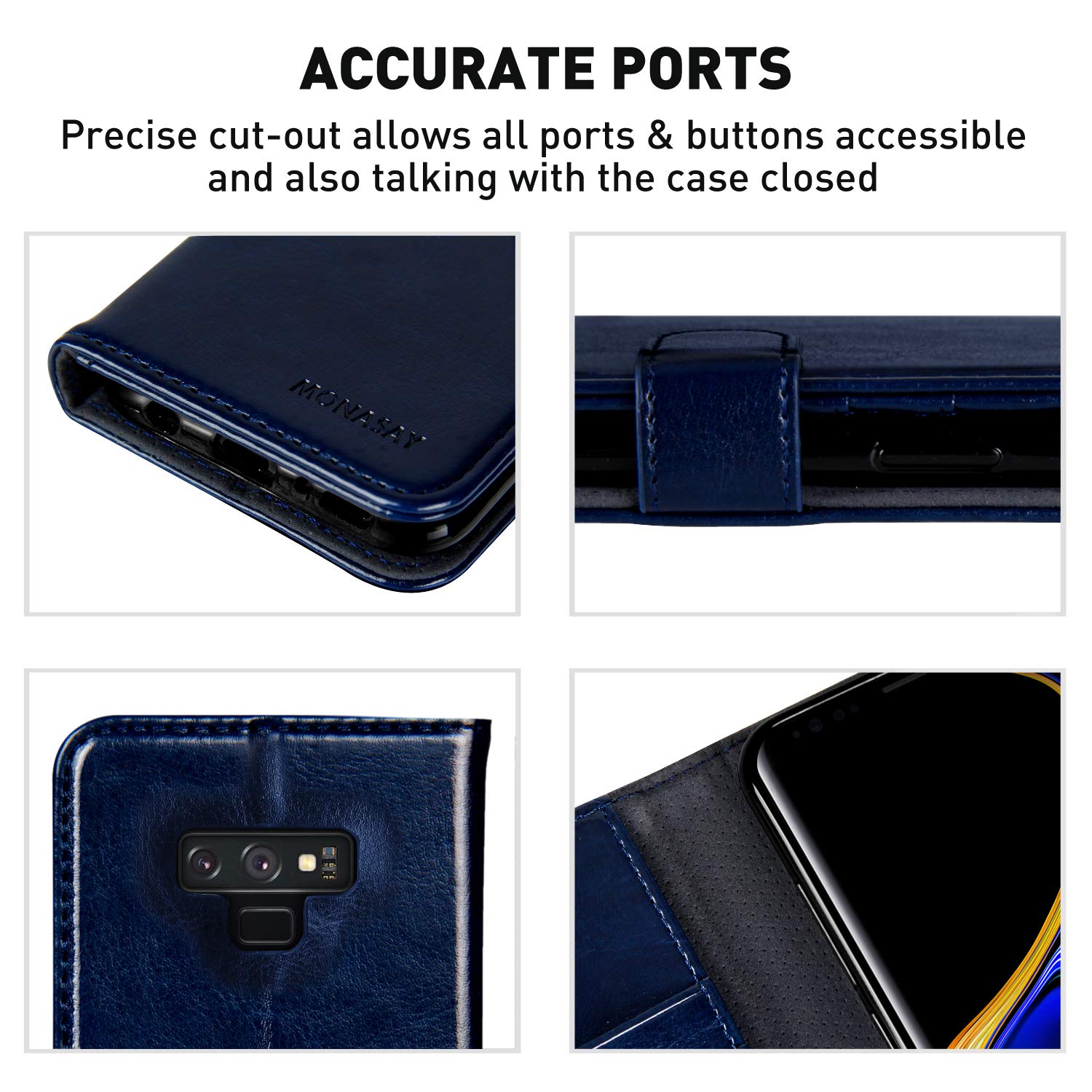 MONASAY Galaxy Note 9 Wallet Case with RFID Blocking & Screen Protector - 6.4 Inch Flip Folio Leather Phone Cover with Credit Card Slots for Samsung Galaxy Note 9 (Blue) - Perfect for Business Travel & Everyday Protection