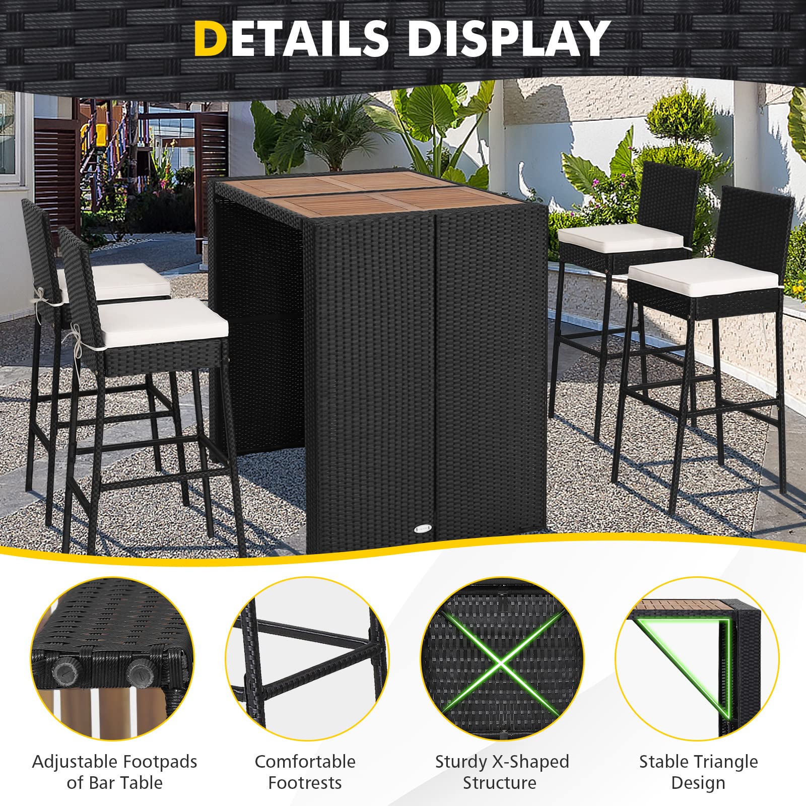 HAPPYGRILL 5-Piece Rattan Outdoor Bar Set with High Table & 4 Cushioned Bar Stools - Wicker Patio Dining Furniture for Poolside, Backyard, Garden, and Outdoor Entertaining