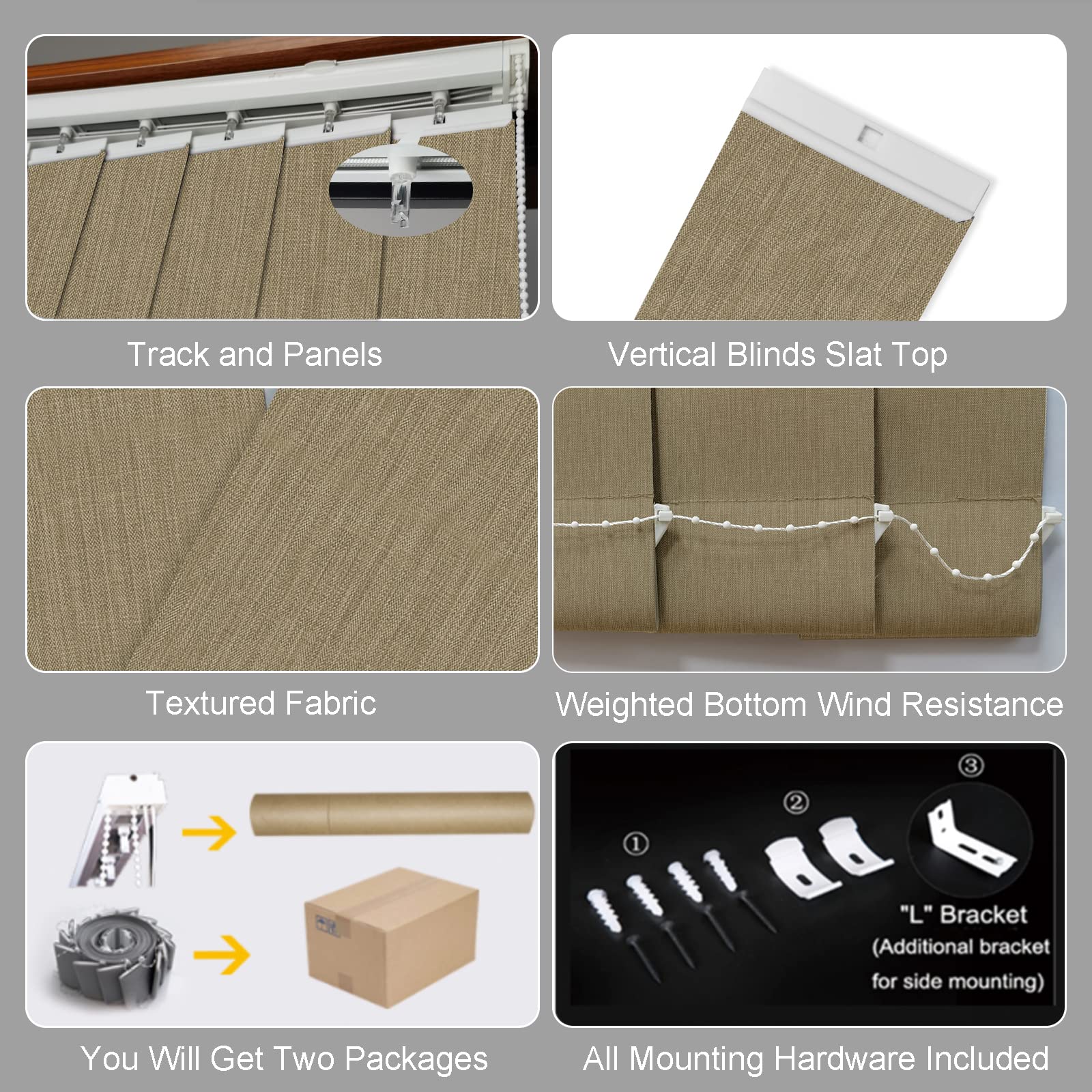 100% Blackout Vertical Window Shades - 3.5 Inch Slat Fabric Thermal Insulated Energy Saving UV Protection Vertical Blinds (Light Brown) for Living Room, Bedroom & Office