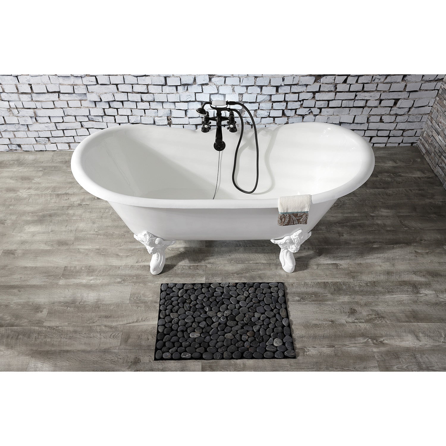 Aqua Eden 67 Inch White Cast Iron Oval Double Slipper Clawfoot Bathtub with 7 Inch Faucet Drillings - Vintage Freestanding Soaking Tub for Luxury Bathroom & Spa Retreat
