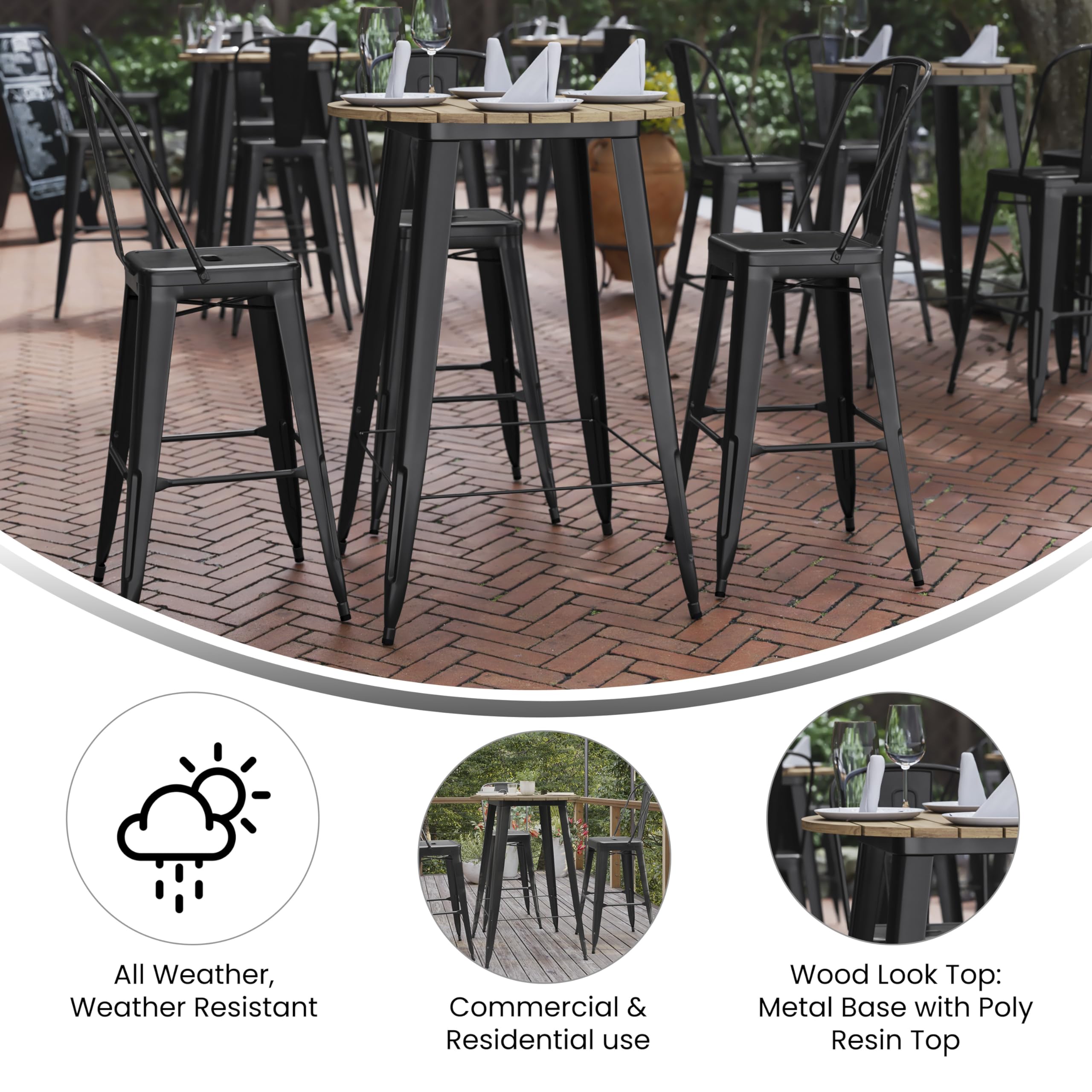 EMMA + OLIVER Drew 30-inch Round Bar Height Dining Table - Black Poly Resin Tabletop with Steel Base - All-Weather Indoor/Outdoor Use - Perfect for Patio, Deck, Garden or Kitchen Breakfast Nook