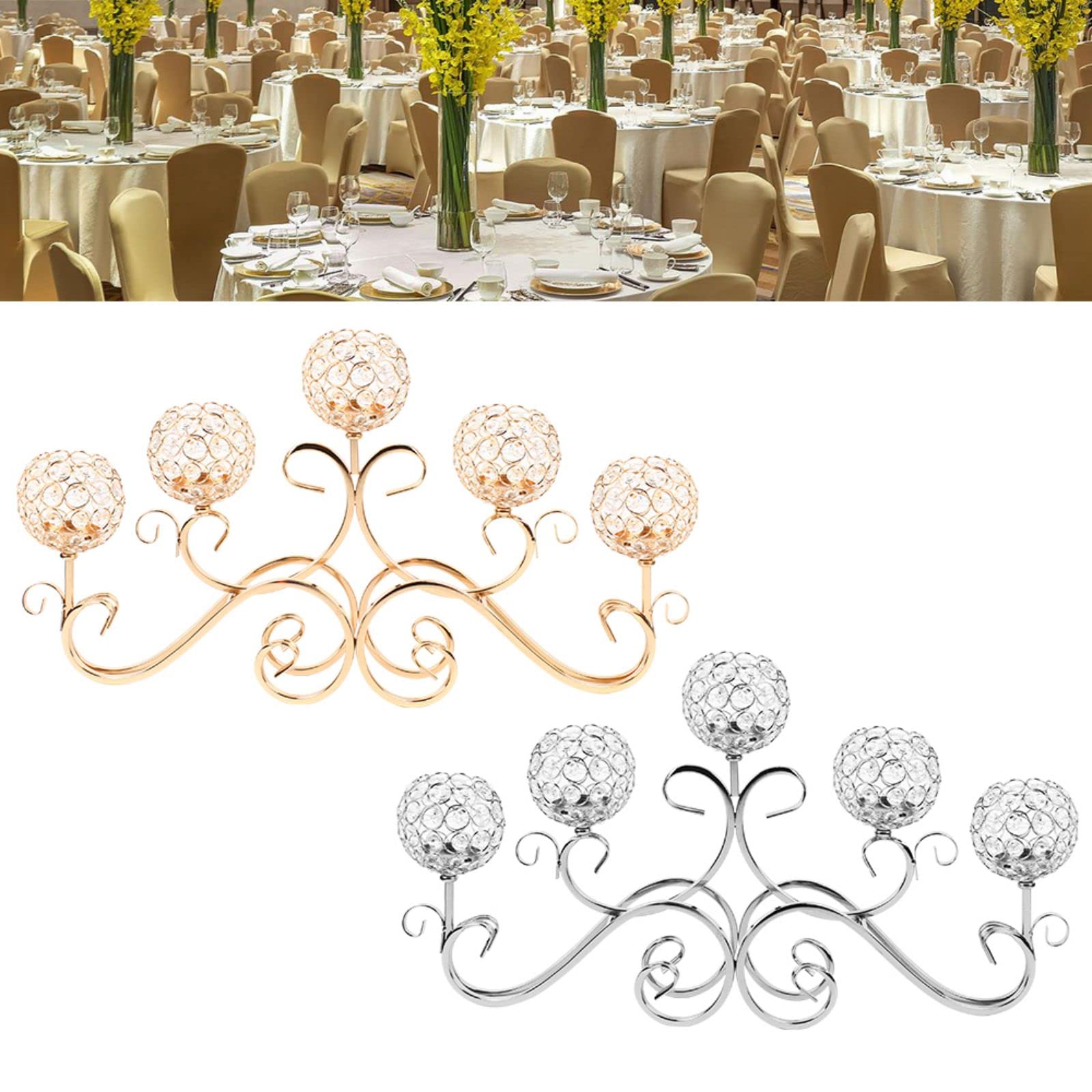 5-Head Crystal Silver Candle Holders - Elegant Candelabra for Wedding Centerpieces, Banquet Table Decor & Romantic Candlelight Dinners - Perfect for Wedding Venues, Anniversary Celebrations & Home Decor (Silver)