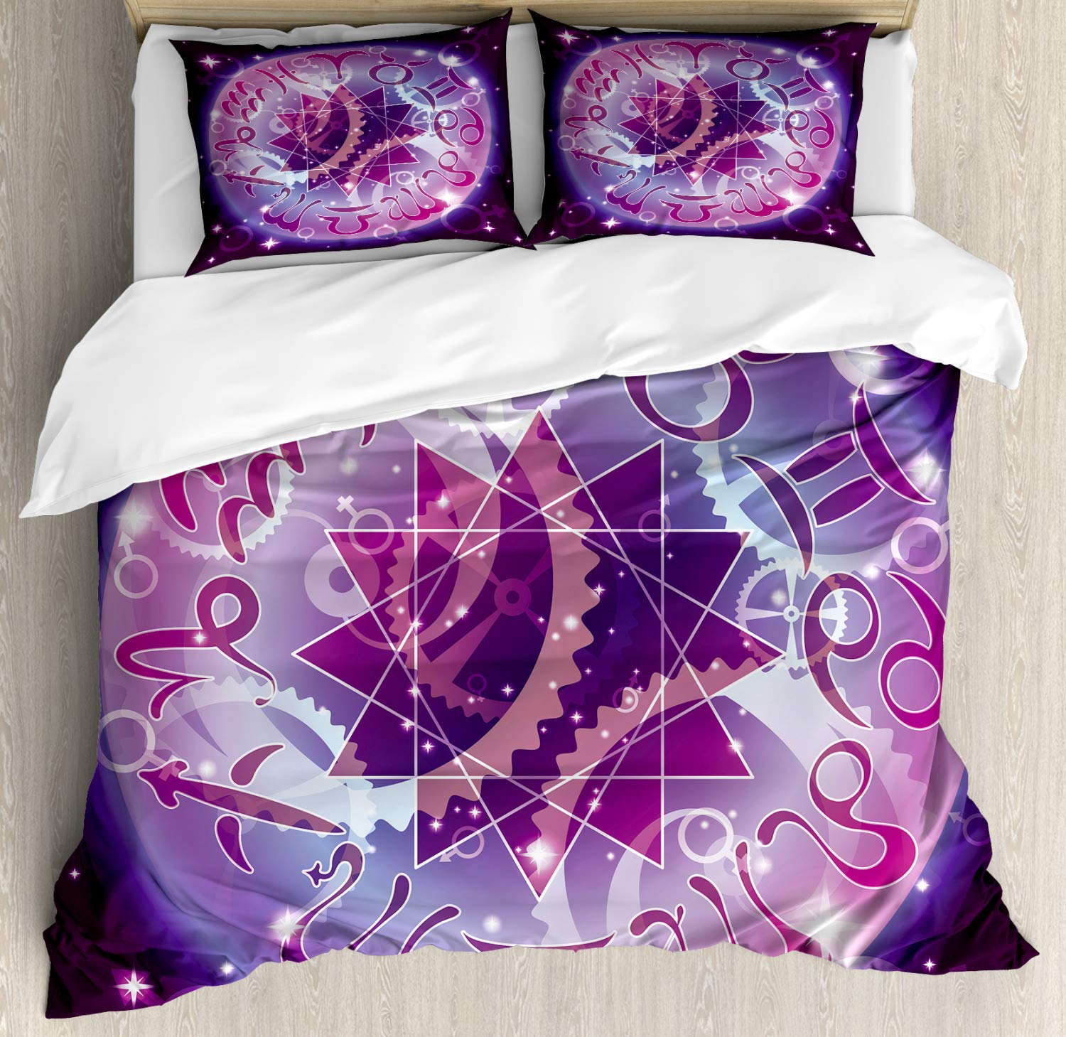 Ambesonne Astrology Duvet Cover Set | Zodiac Circle Space Design with Abstract Gender Signs & Star Center | 3-Piece Bedding Set Includes 2 Pillow Shams | California King Size in Purple & Pale Blue | Perfect for Cosmic-Themed Bedrooms & Gift for Astrology Lovers