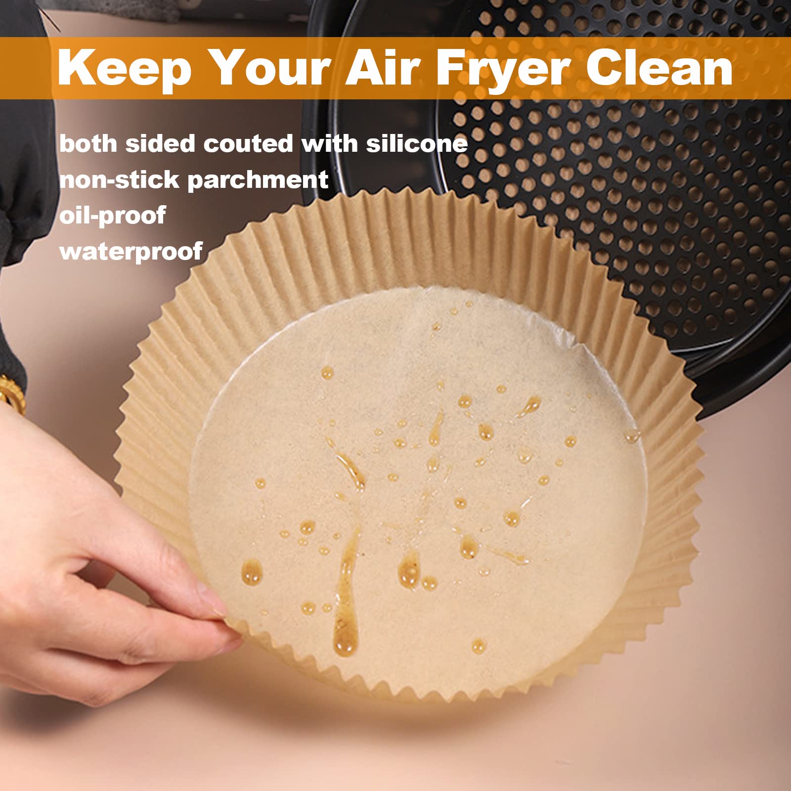50-Pack Unperforated Round Air Fryer Parchment Paper Liners - Wood Color Disposable Baking Sheets for Air Fryer, Microwave & Oven - Perfect for Roasting, Baking & Reheating Food Without Sticking