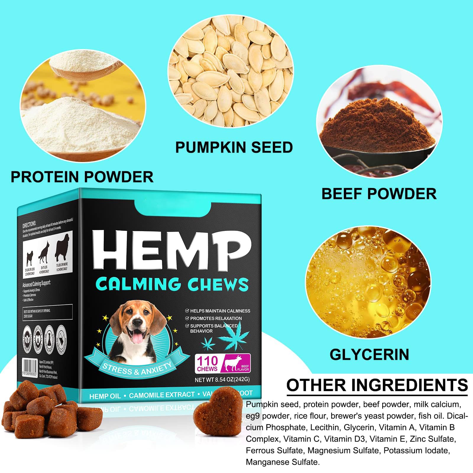 Yecuce Calming Chews for Dogs - Anxiety & Stress Relief Treats with Beef Flavor (110 Count) - Helps Reduce Barking, Separation Anxiety, Thunder & Travel Stress - Perfect for Nervous Dogs During Storms, Vet Visits, and Car Rides
