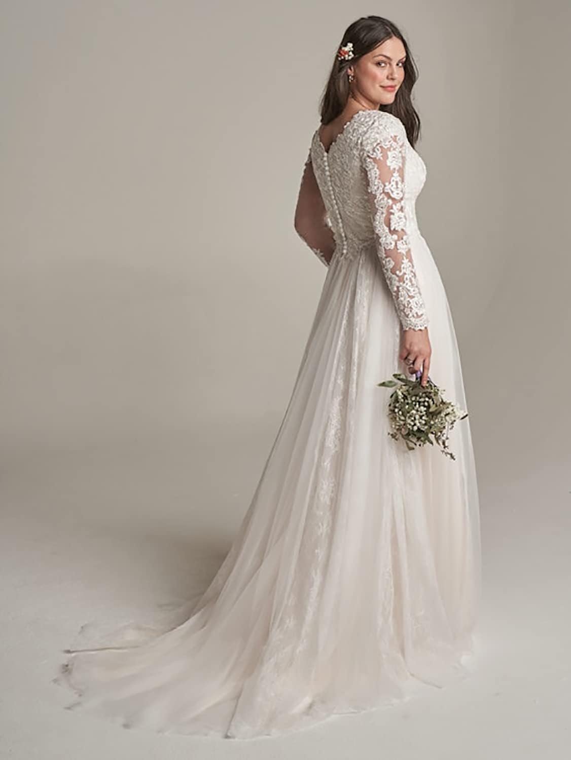 2025 Women's Lace Beach Wedding Dress - V Neck Tulle Applique Bridal Gown with Long Sleeve for Bride | Perfect for Beach, Destination & Outdoor Weddings