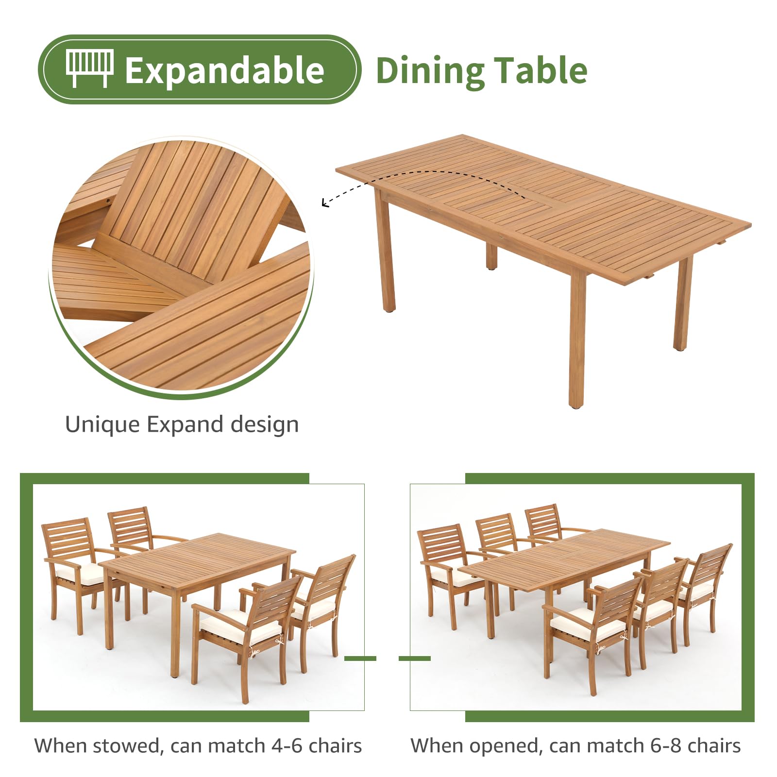 OC Orange-Casual 6-8 Person Extendable Solid Acacia Wood Dining Table (59''-79'') - Indoor/Outdoor Rectangular Table for Kitchen, Patio & Deck - FSC Certified - Perfect for Family Dinners & Outdoor Entertaining